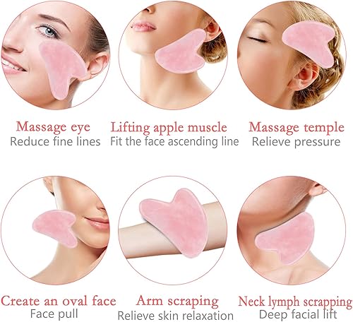 Miniatura 4 de HOTACE Juego de rodillos de jade Gua Sha, rodillo de jade de cuarzo rosa natural para belleza facial, herramientas de masajeador facial, Rosa