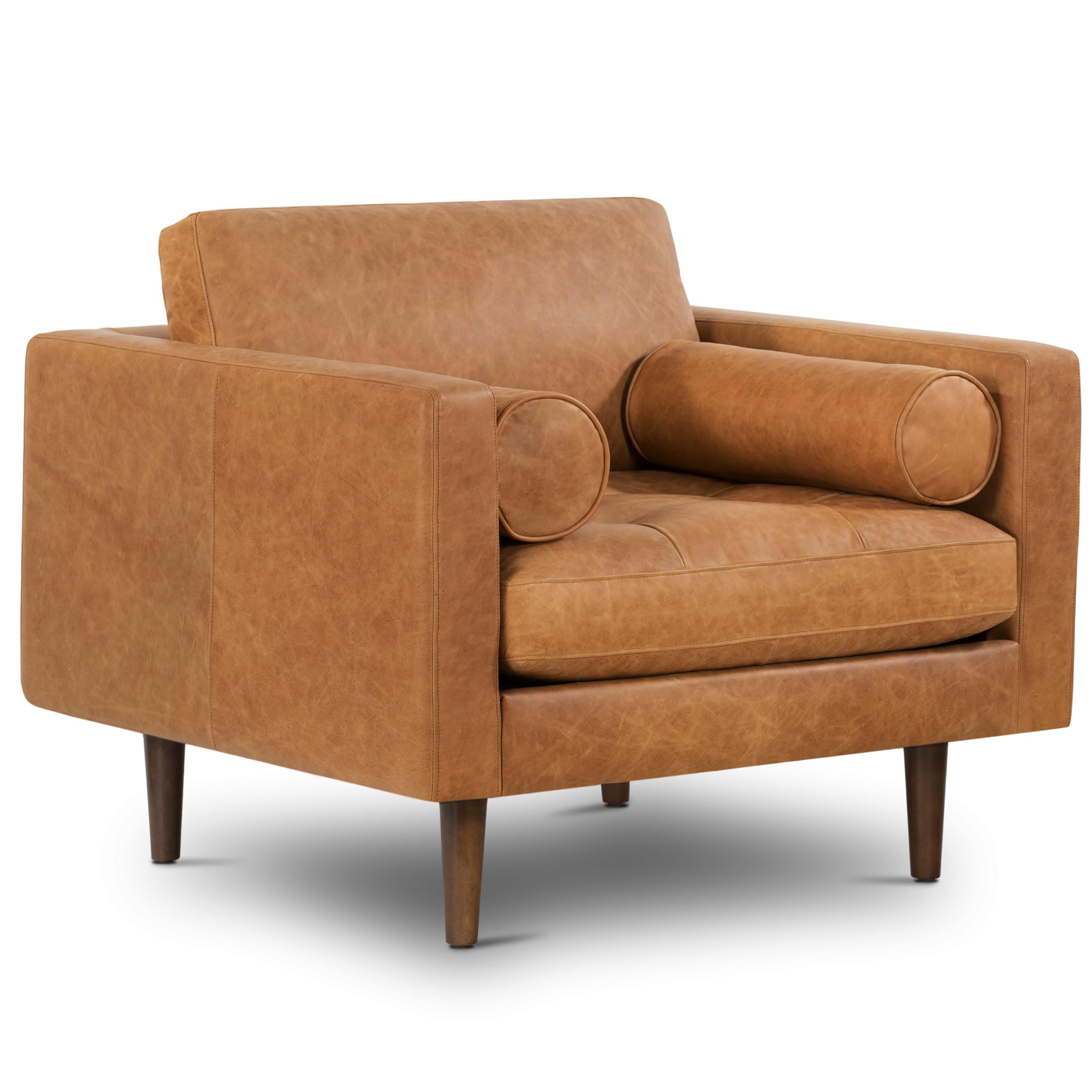 POLY & BARK Napa Lounge Chair – 42” – Cognac Tan – Italian-Tanned Full-Grain Pure-Aniline Leather, Feather-Down Cushions, Solid Wood Frame