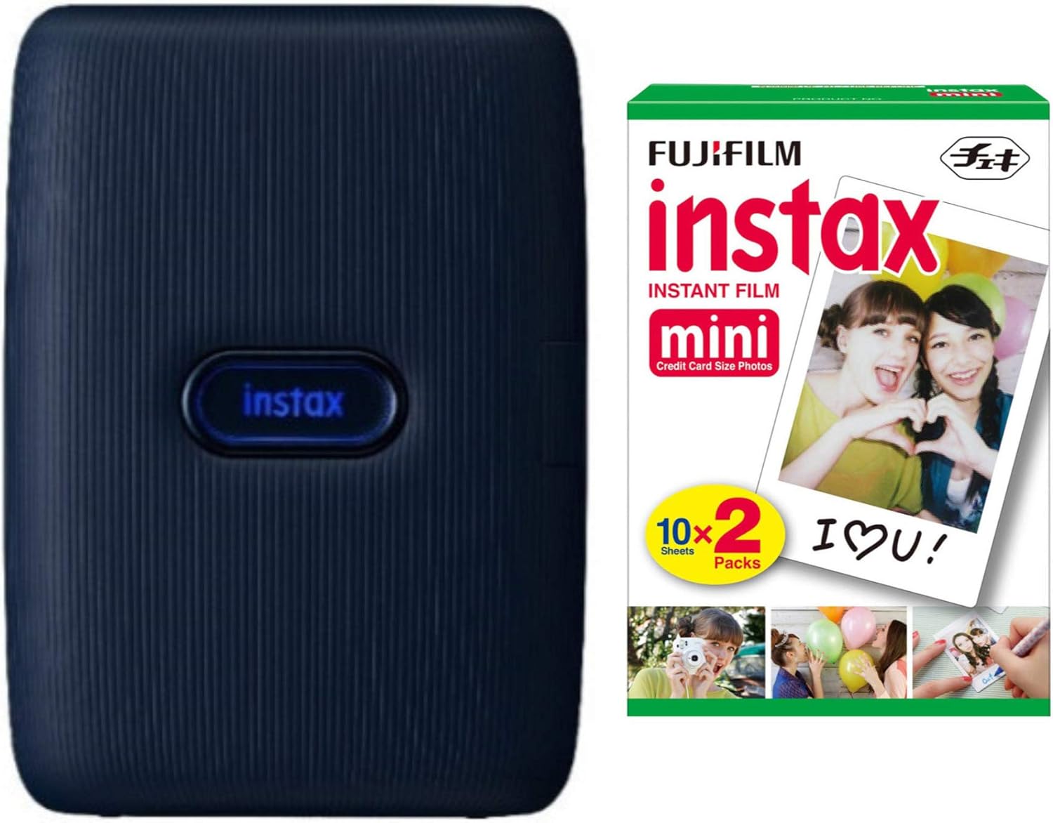 Fujifilm Impresora Instax Mini Link para smartphone (denim oscuro) + película instantánea Fujifilm Instax Mini (20 hojas), paquete con pegatinas de tigre resistentes + paño de limpieza número uno