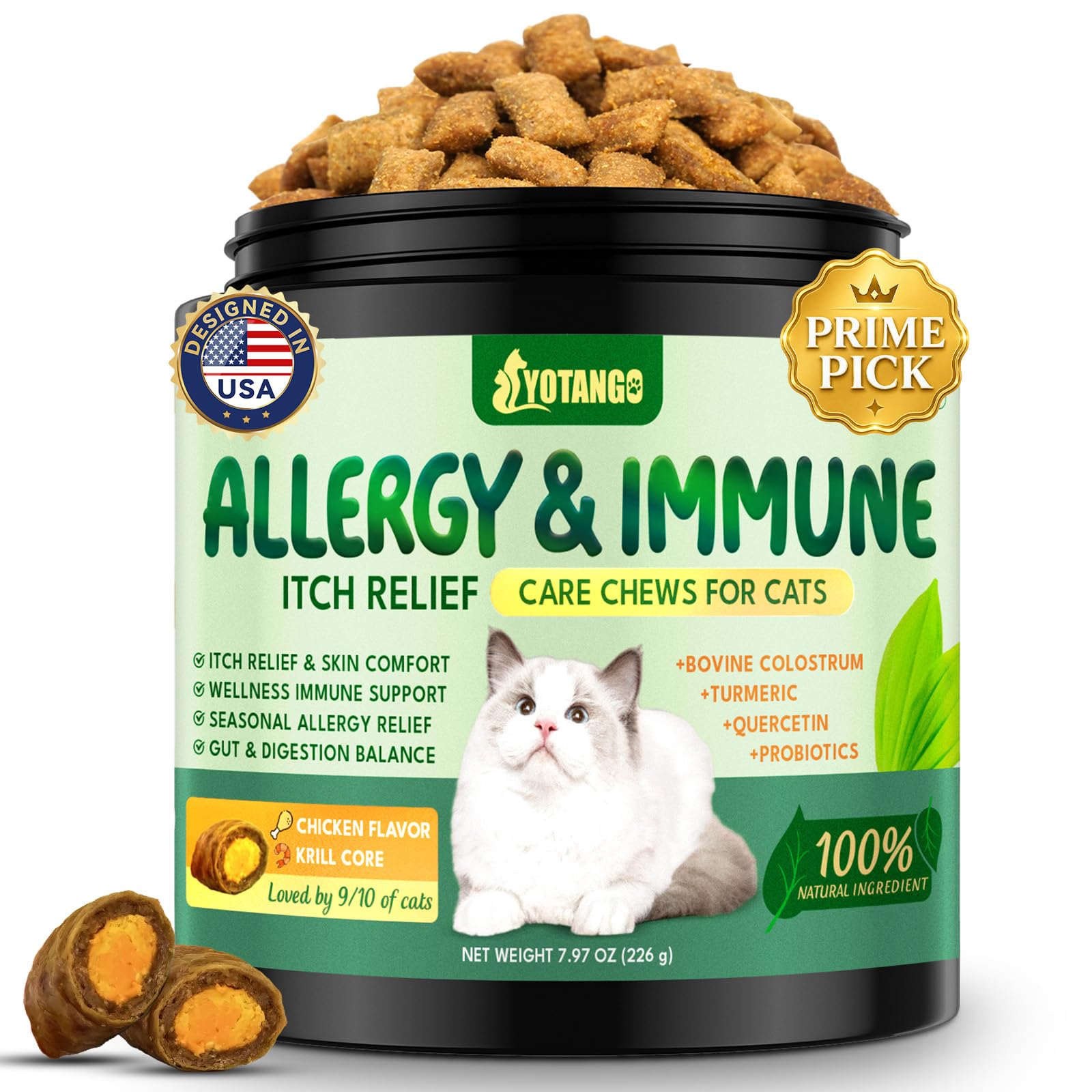 YOTANGO 3 IN 1 Skin Comfort Treats for Cats, 500 Crunchy & Creamy Chews for Daily Sensitive Skin, Ears, Eyes, Paws Support + Digestive Care with Colostrum & Probiotics for Cats Kittens(Chicken Flavor)