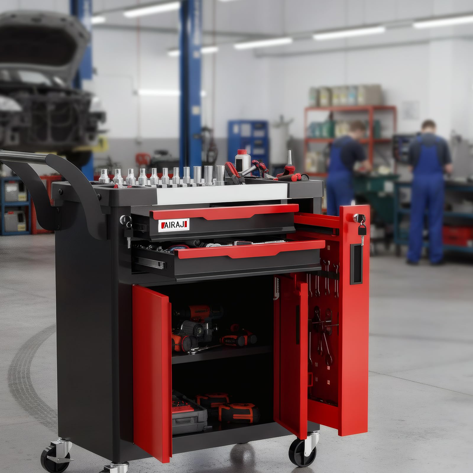 AIRAJ Carro Herramientas,Carro de Herramientas a 2 cassetti di Grande capacità,Carrito de Herramientas Multiuso con ruote,con cassetto Laterale,Adatto per Garage, magazzini, officine