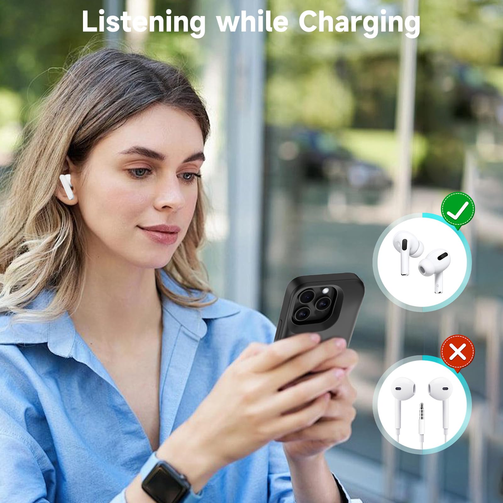 Akkuhülle für iPhone 16 Pro/iPhone 17 (6,3") 8500 mAh, Schlanke Wiederaufladbare Erweiterte Ladehülle Powerbank mit Standfuß, Tragbare Schützende Telefonhülle mit Akku für iPhone 17 – Schwarz