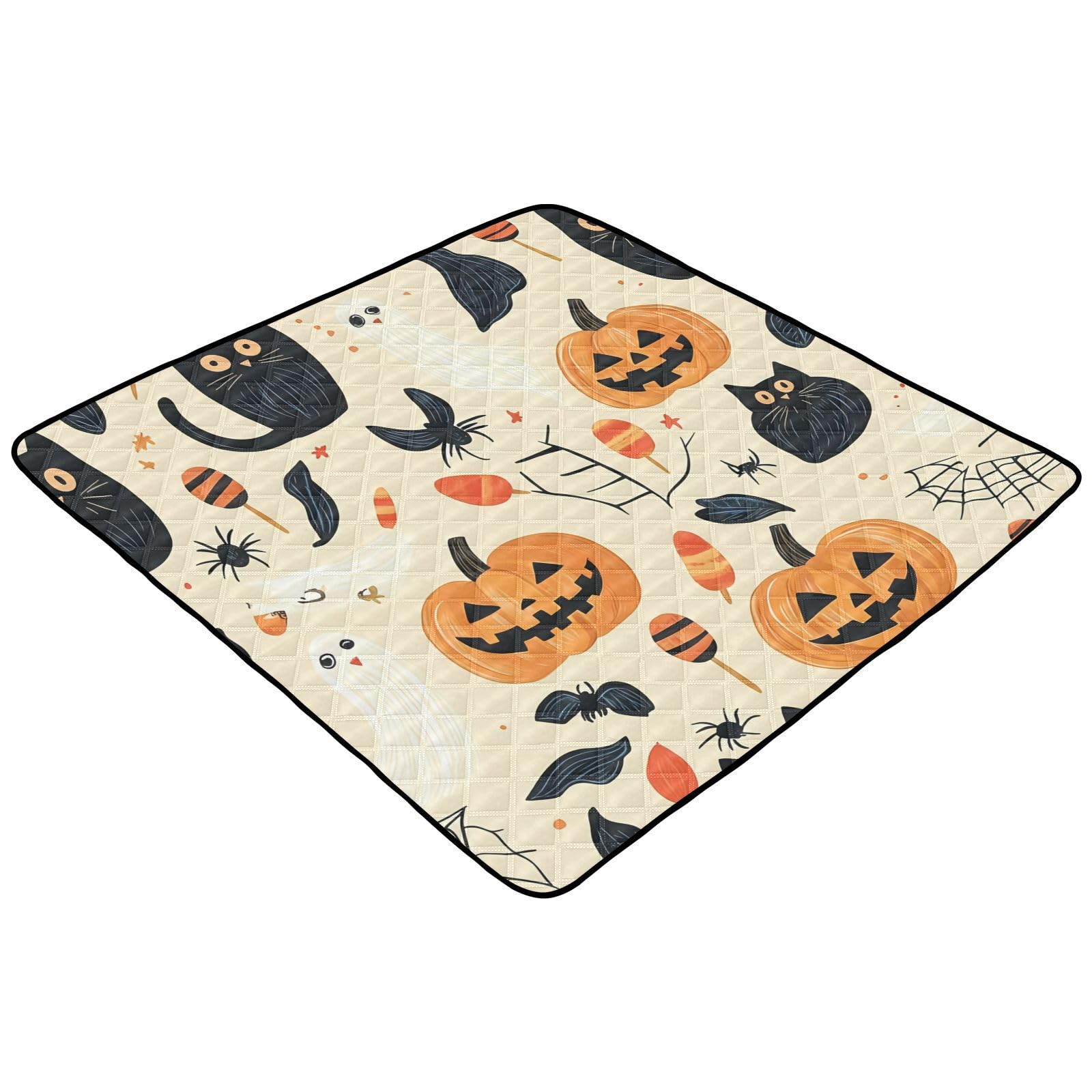 BOESI Halloween Pumpkin & Black Cat Baby Play Mat, 50“ X 50” Washable Folding Crawling Mat, Baby Floor Mat, Soft, Non-Slip