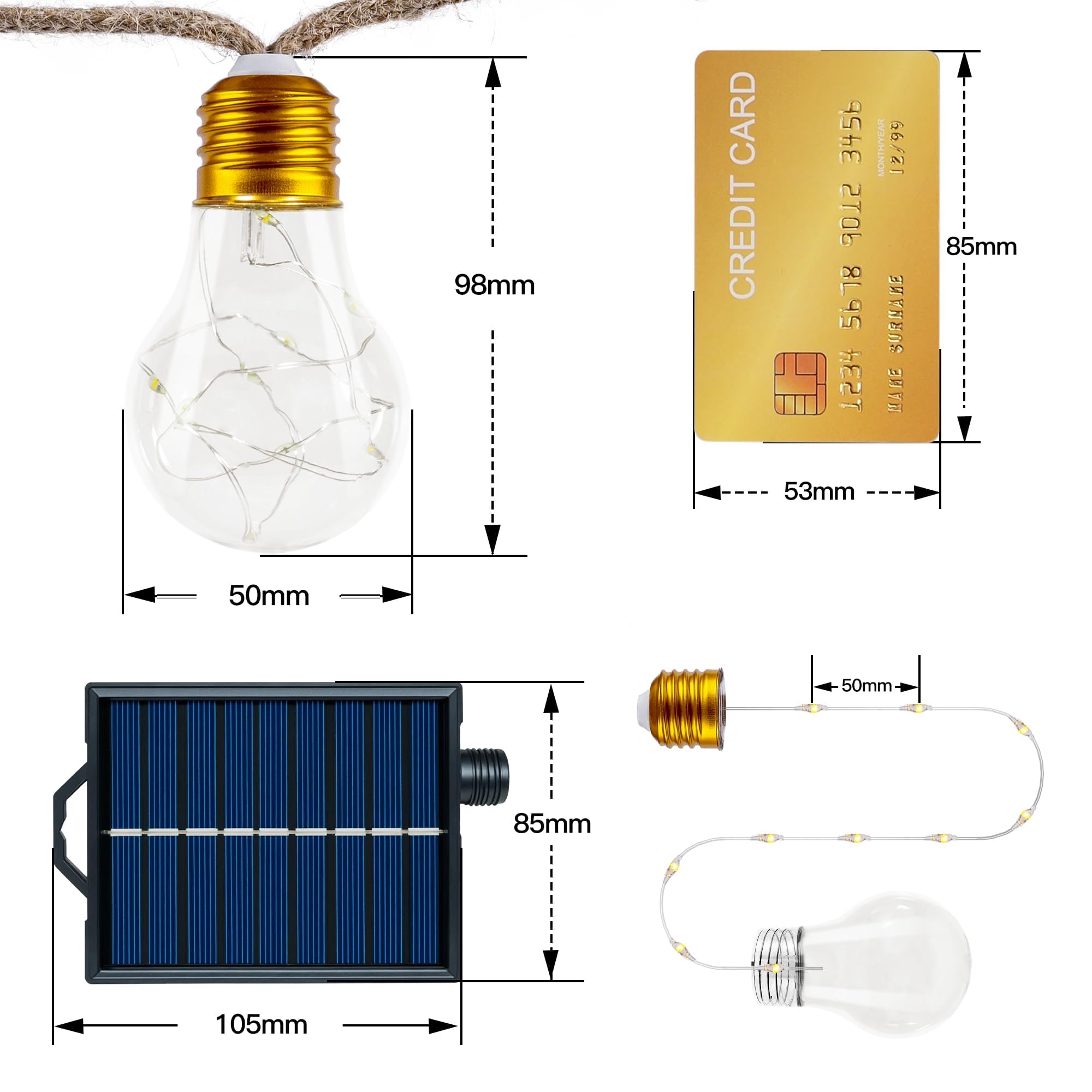 Ollny Solar Lichterkette Aussen 12m 24 Glühbirnen Warmweiß Wetterfest mit Timer Dimmbar 8 Modi Hanfseil