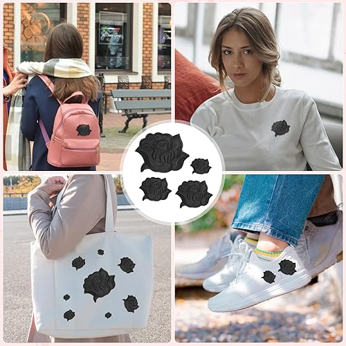 Miniatura 6 de 8 parches de flores de rosas negras para planchar para diseños de ropa, parches de reparación de tela, 4 tamaños bordados, parches de flores,