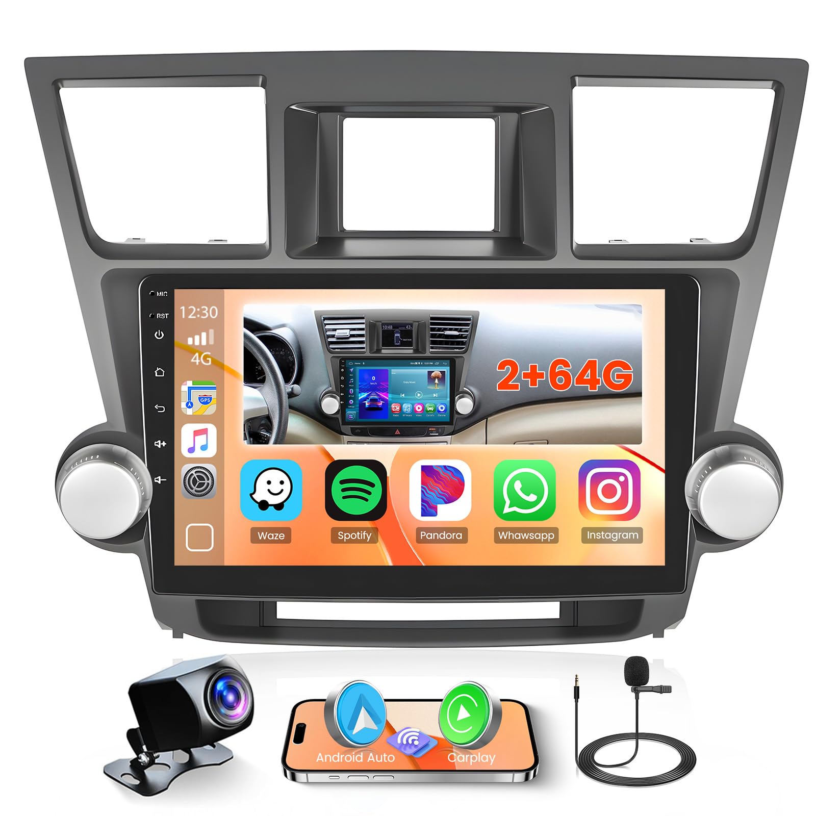 Inefala 2+64G Radio for Toyota Highlander 2008-2013 CarPlay Car Stereo Android 15 Touchscreen 10.1" Android Auto Backup Camera GPS EQ 28UI