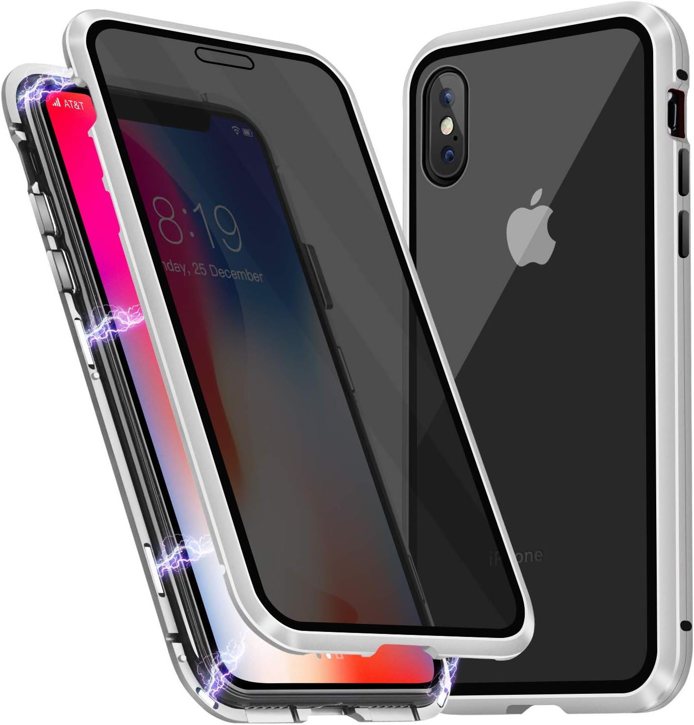 Misscase iPhone X Magnetic Case, iPhone Xs Magnetic Case,Ultra Slim Magnet Protective Case with Metal Frame Front and Privacy Screen Protector [Magnetic Adsorption] (White Frame + Clear Back)