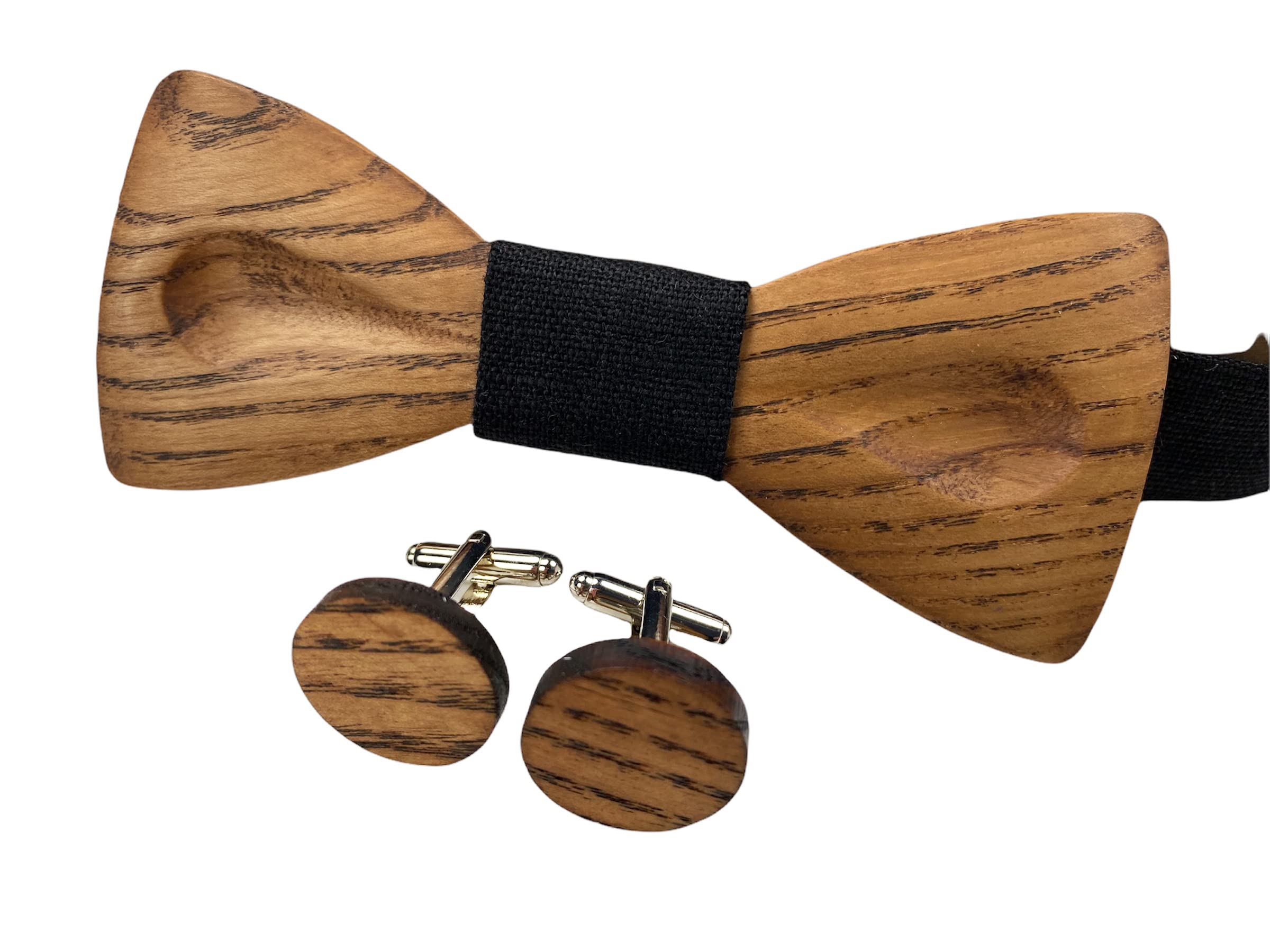 Holzfliege, Holz fliege und Manschettenknöpfe, Fliege und Manschettenknöpfe aus Holz