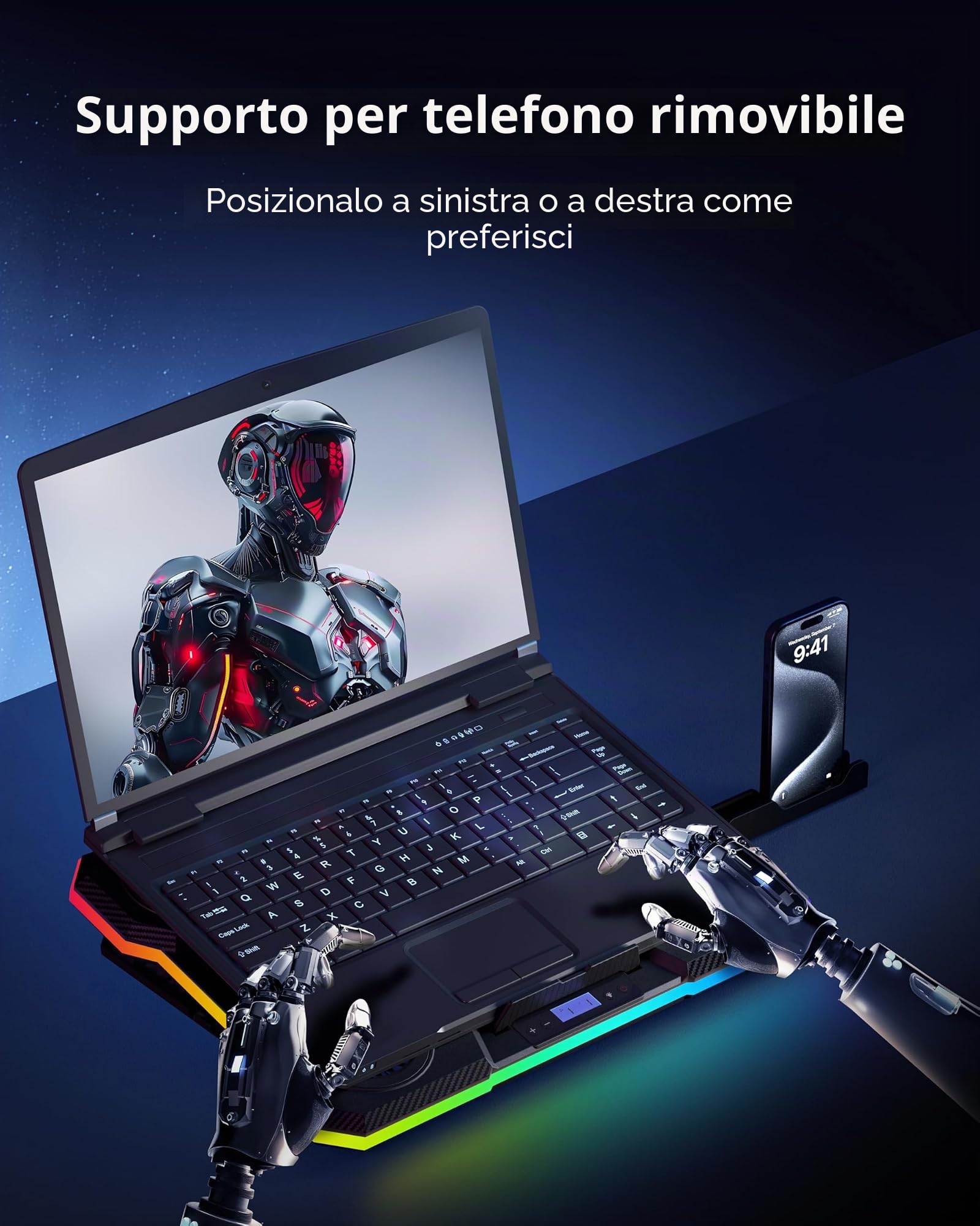 ChillCore Tappetino di raffreddamento per computer portatile, luci RGB, 9 ventole per laptop da 15,6-19,3 pollici, ventola di raffreddamento per laptop da gioco, con 8 supporti di altezza, 2 porte