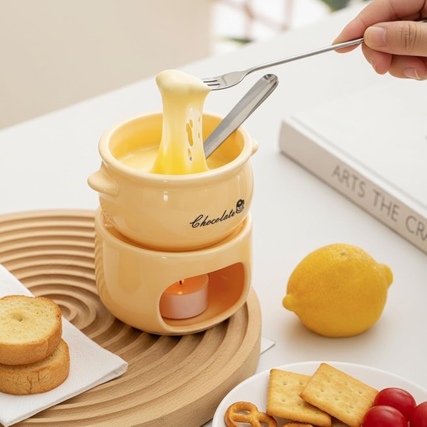 Sweet Fondue Cup with Fork Ceramic Fondue Mug Set | Cheese Desserts Marshmallows Chocolate Melting Cup, for Date Night Party Wedding or Holiday Gift, Cream, 1Piece