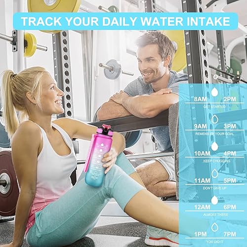 Miniatura 5 de Paquete de 2 botellas de agua de 64 onzas + 27 onzas, botella de agua deportiva con popote y marca de tiempo, botella de bebidas de gimnasio, jarra