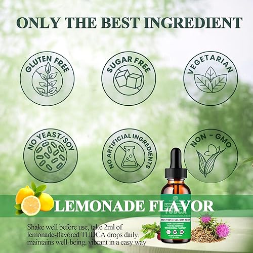 Miniatura 6 de TUDCA Suplemento 1000 mg gotas líquidas, sales biliares TUDCA avanzadas 4 en 1 con raíz de remolacha de cardo mariano NAC, potencia TUDCA+ apoyo