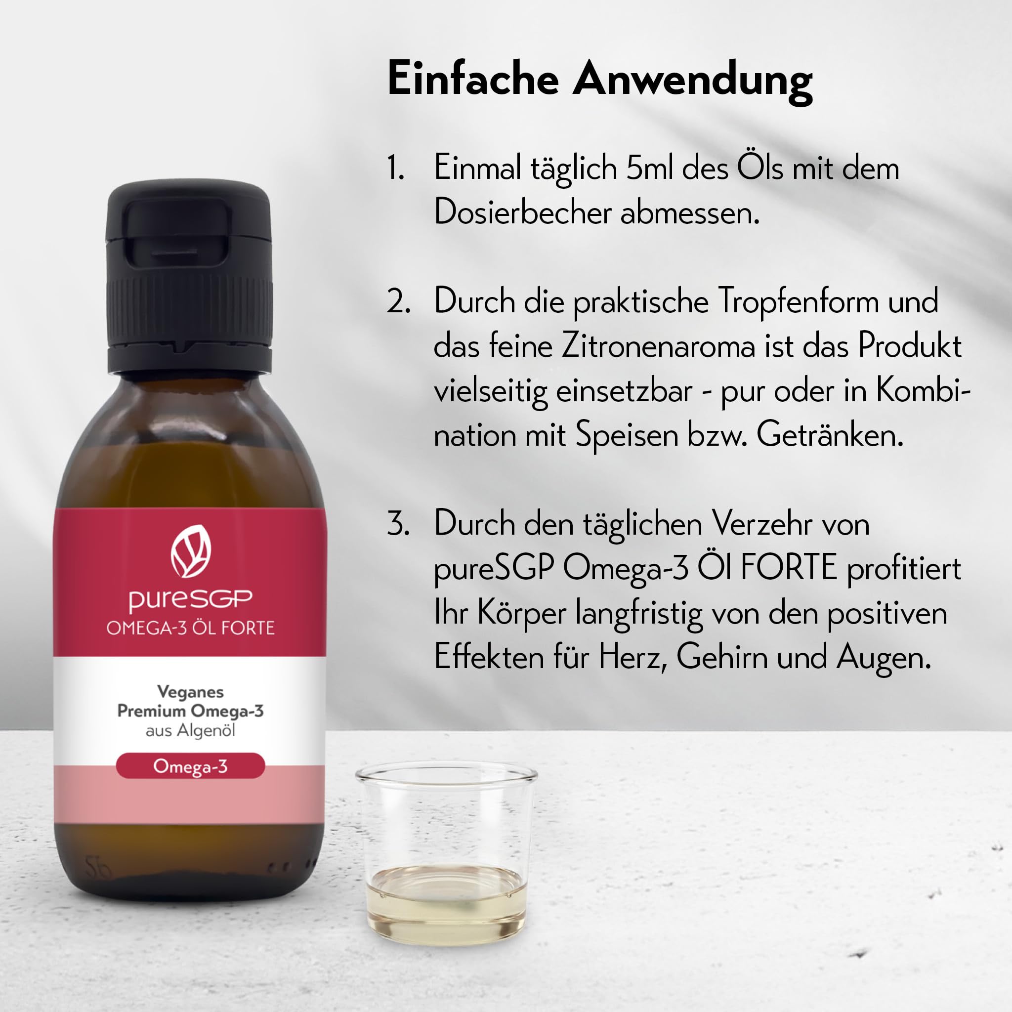 pureSGP® Omega-3 Öl FORTE [150ml]: Höchstdosiert, rein und pflanzlich - 2.123 mg Omega-3 pro Tag, 3.700 mg Algenöl mit DHA und EPA. Angereichert mit Vitamin D3 und Olivenöl. Feiner Zitronengeschmack.