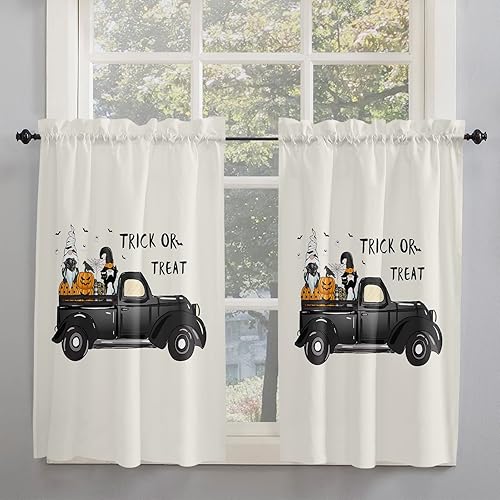 Kitchen Curtains 2 Panels Rod Pocket Tier Curtain Halloween Black Farm Truck Dwarf Window Valance,Light Filtering Window Treatment Trick Or Treat