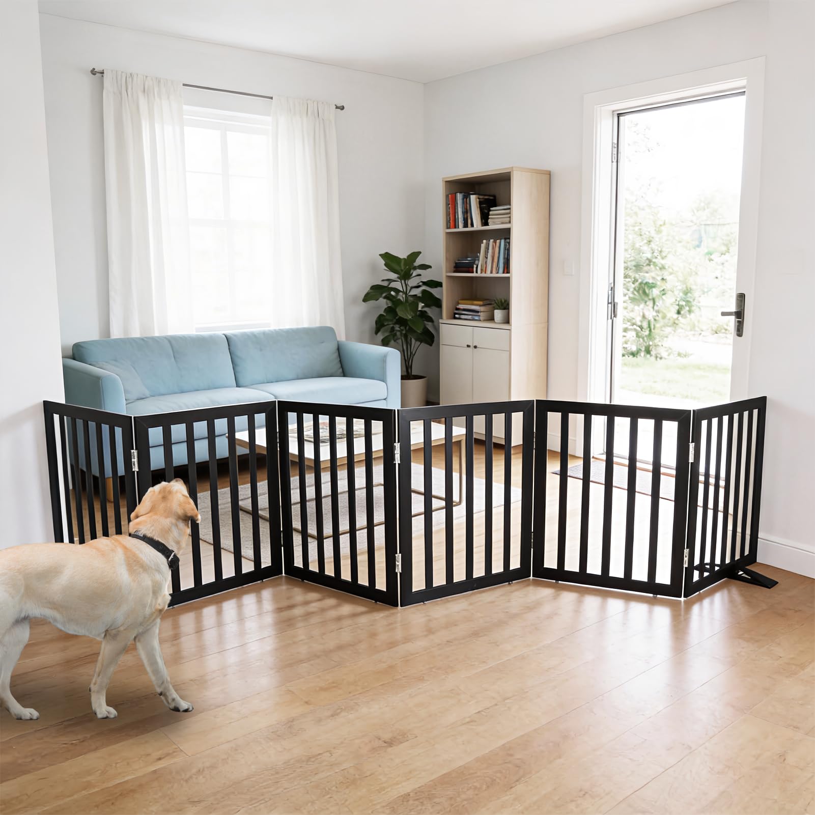 SFJC Pet Door Indoor, Freestanding Dog Fence for The House, Doorways, Hallways,or Stairs,Pet Gate Foldable Wooden,Expandable 24" Height 6 Panels,Black