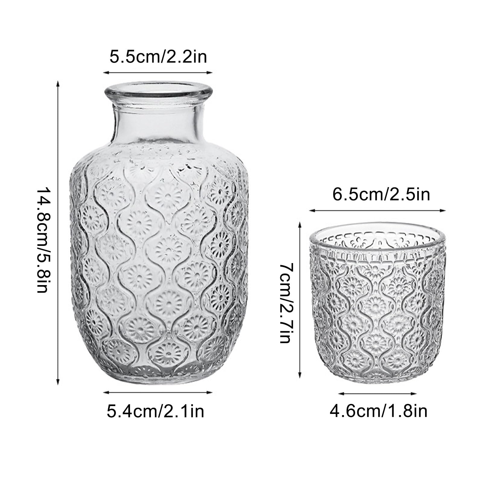 Drinking Kettle Cup Set Glass Kettle Bedside Water Carafe Retro Glass Water Cup Embossed Pattern Cold Water Kettle Bedside Cold Water Kettle for Bedroom Living Room (transparent)