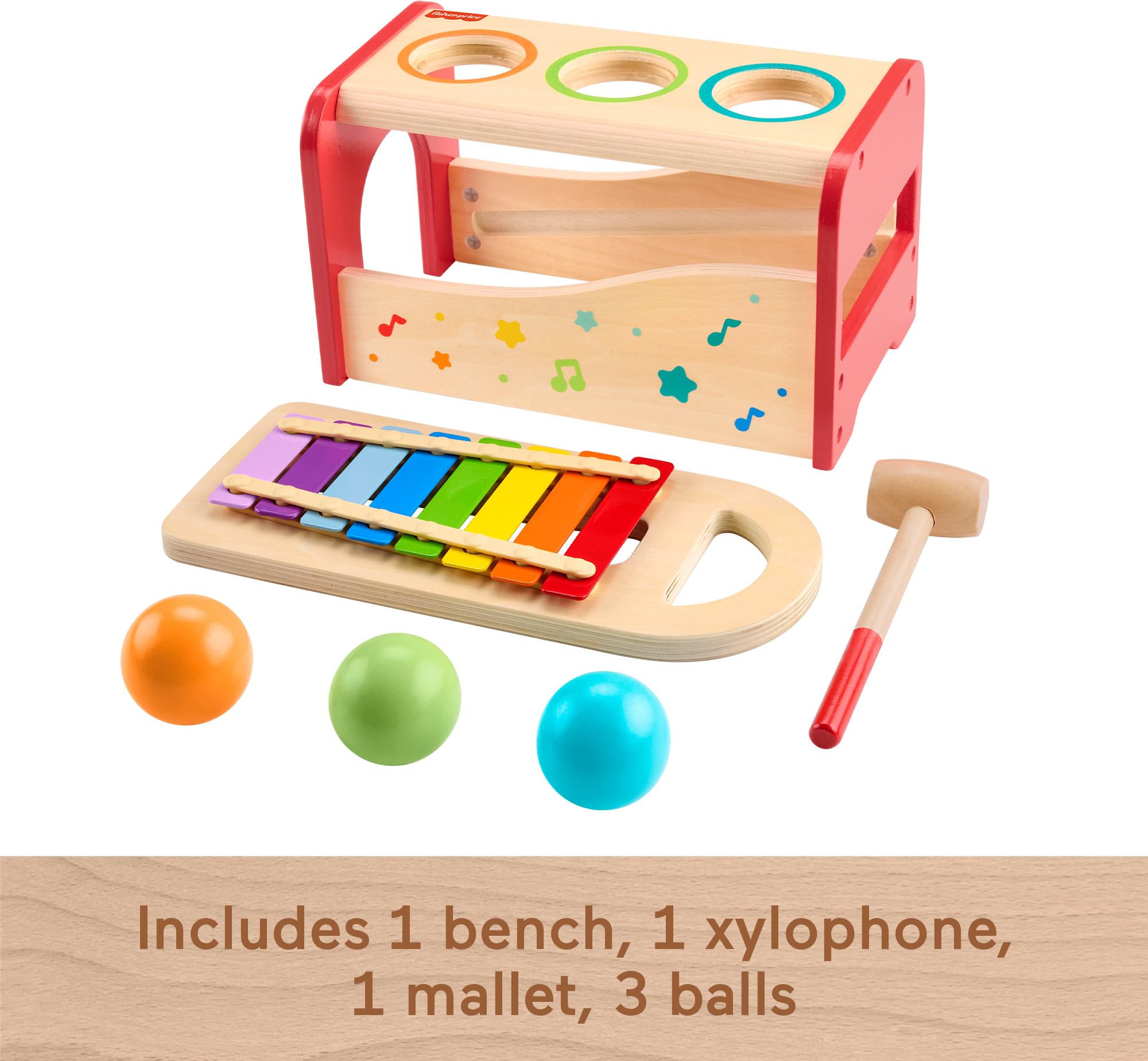 Fisher-Price Wood Toddler Toy Pound & Tap Bench Xylophone, 6-Piece Wooden Musical Activity for Preschool Kids Ages 18+ Months