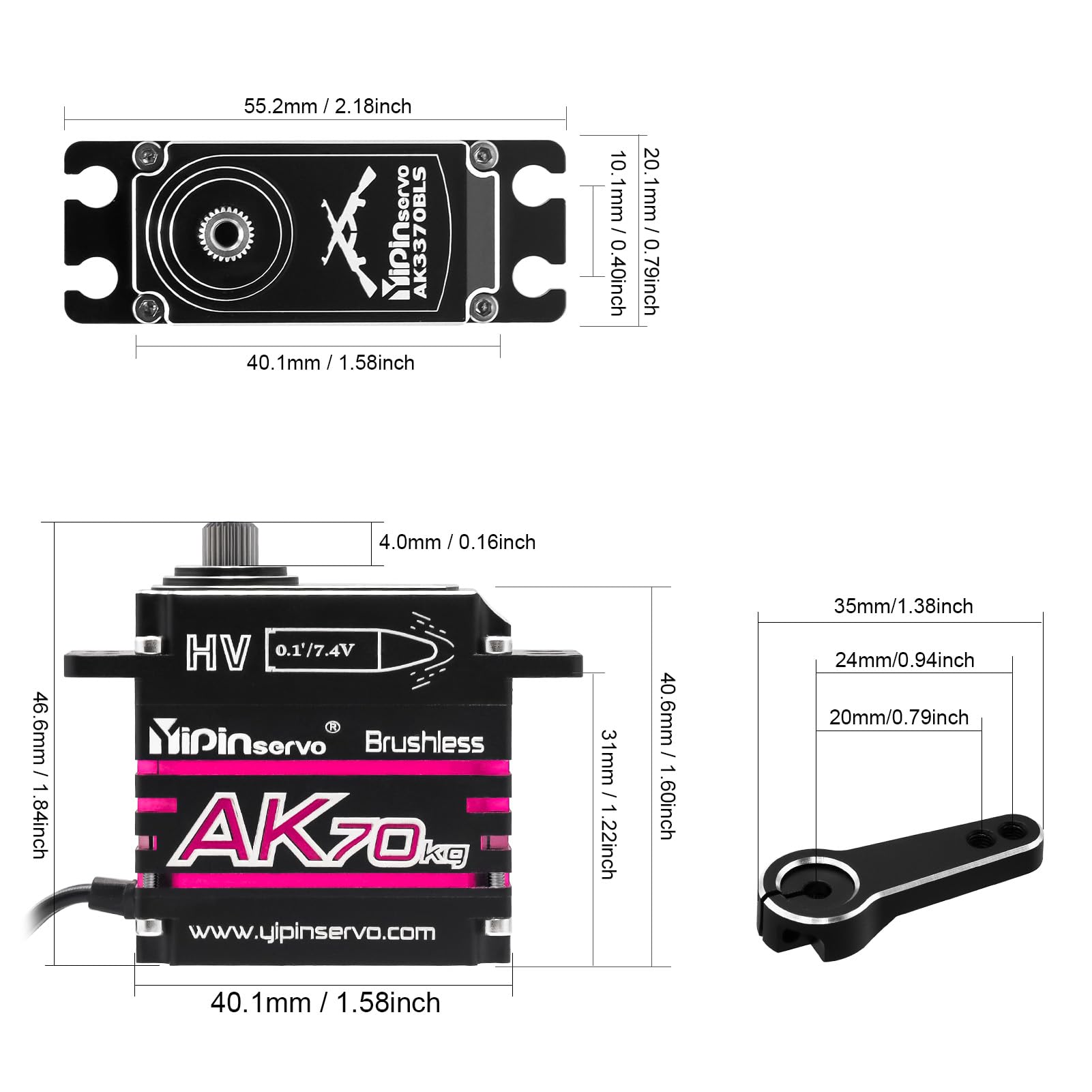 GOUPRC AK - Servo RC sin escobillas de aluminio de 70 kg para 1/8 1/10 1/12 RC camión, coche, barco, robot, engranaje oblicuo de 8.4 V, servo de dirección de alto par