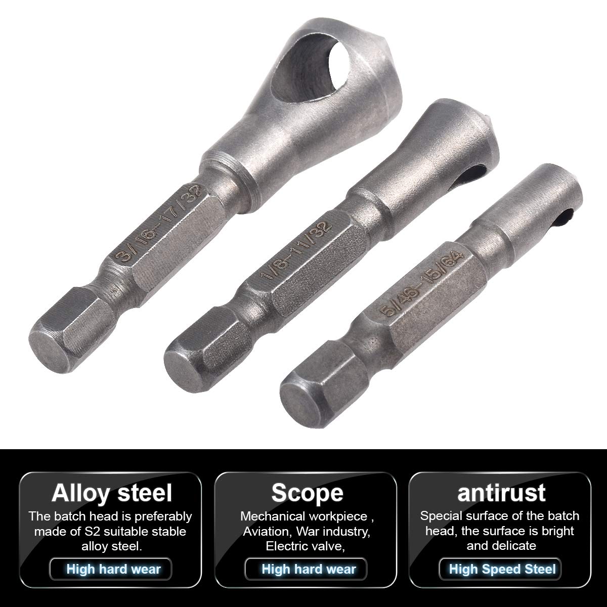 3 Pcs Countersink Chamfer Drill Bits - 5/64", 1/8", 3/16", High Speed Steel 1/4" Hex Shank Deburring Tool Set for Wood, Metal, Fiberboard, Plywood, Plastic, PVC