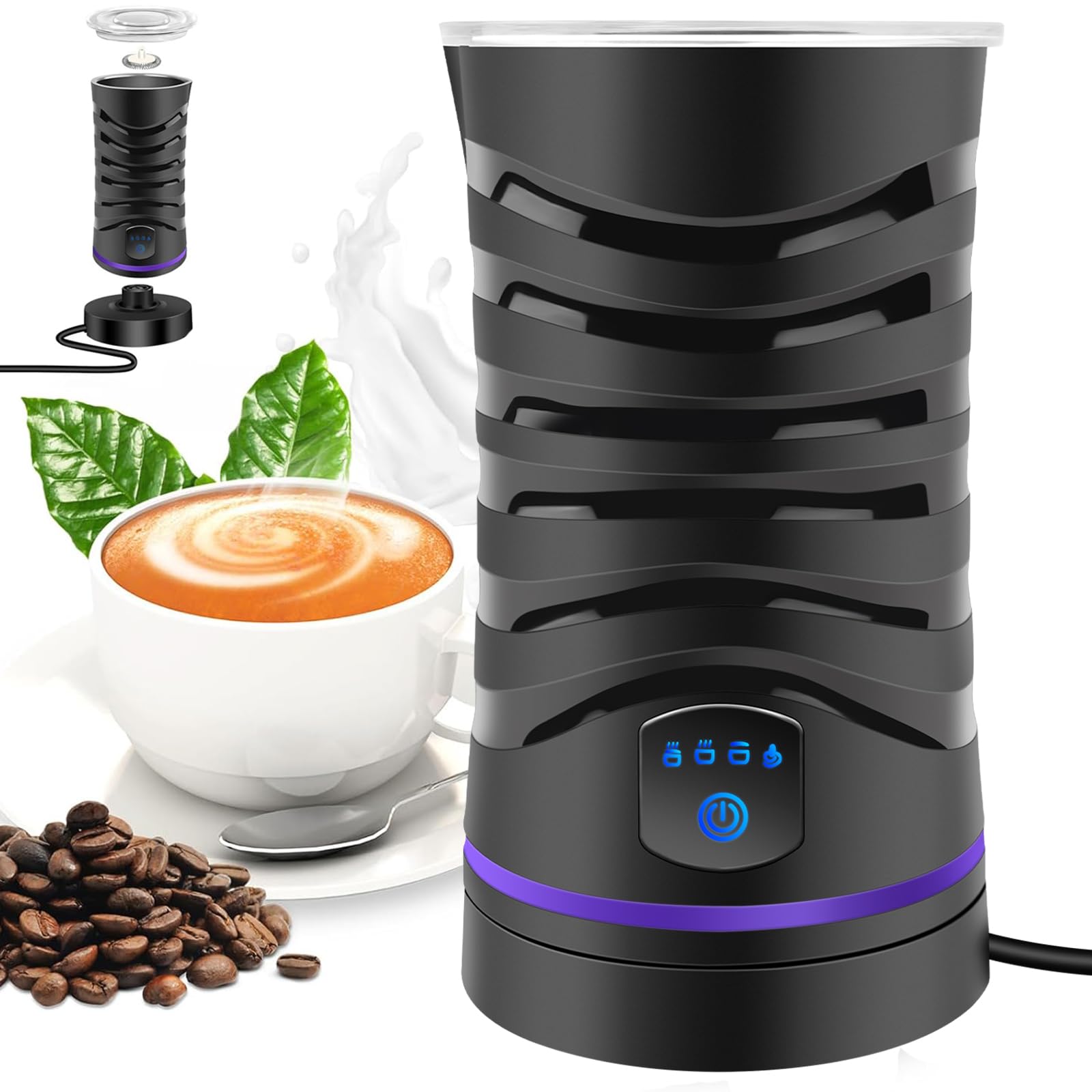 Milk Frother Electric 400W, 600ml Large Capacity Automatic Frother and Milk Steamer, Hot and Cold Foam Maker Machine for Coffee Hot Chocolate Cappuccino Latte, Black
