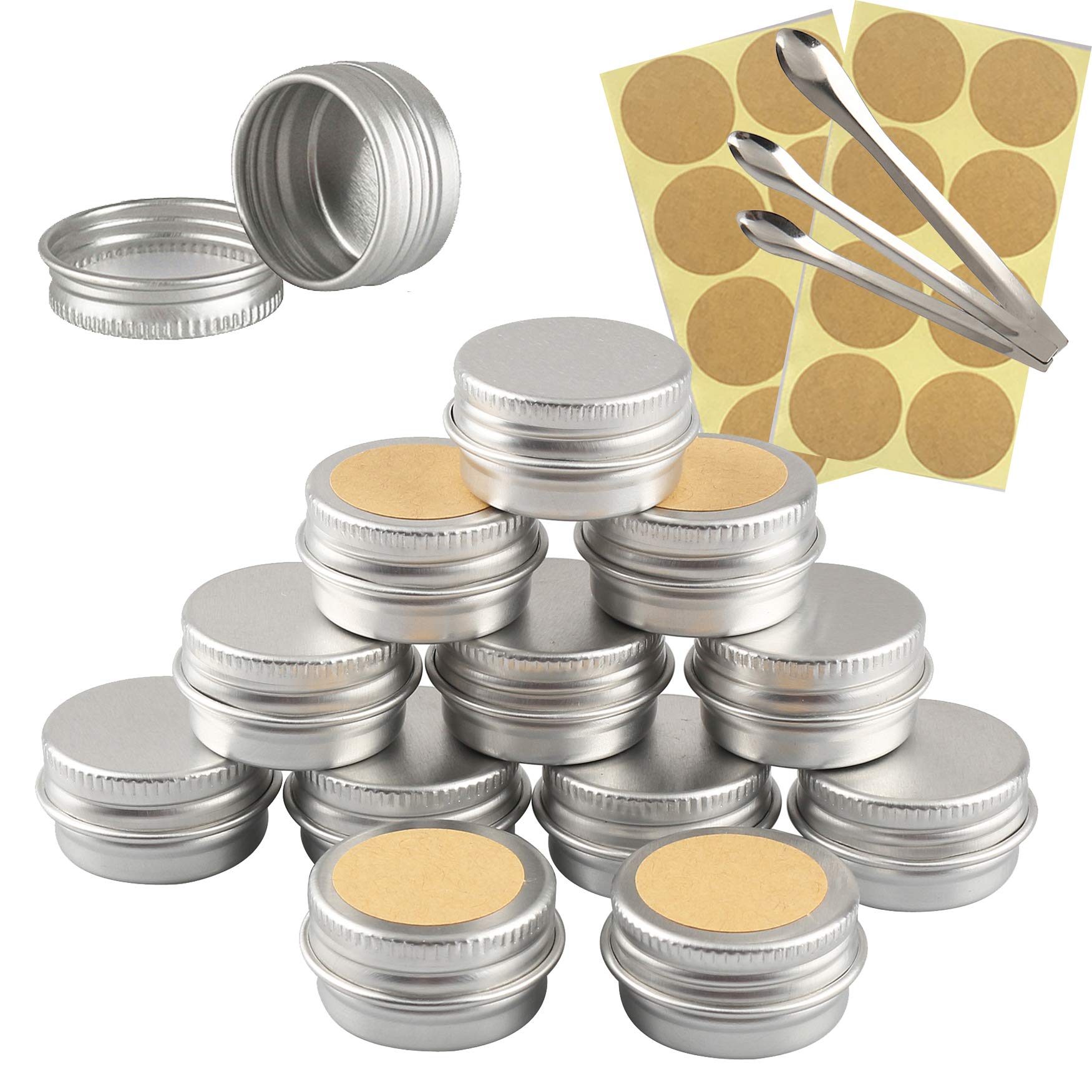 Tianzd Silver 10 Pieces Empty 5Ml Round Aluminum Tins Jars With Screw Lids Cosmetics Containers Pots For Lip Balm Diy Candle Salve Powder Crafts Storage Cans With 3 Spoon, 10 Labels
