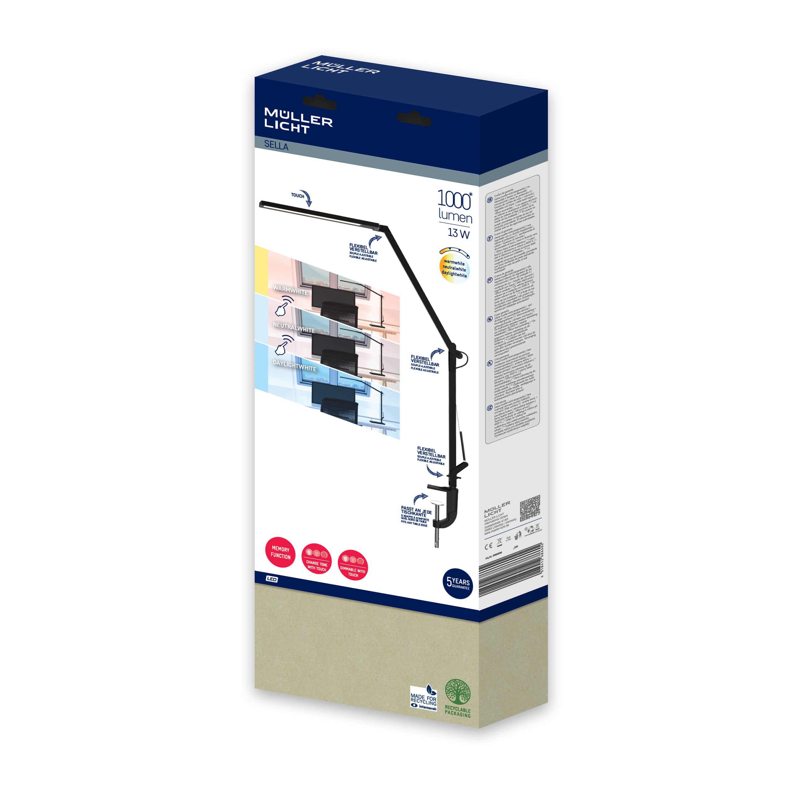 Müller-Licht Sella LED Schreibtischleuchte Schreibtischlampe, Farbwechsel (3000 K/4000 K/6500 K), 9.6 W, schwarz