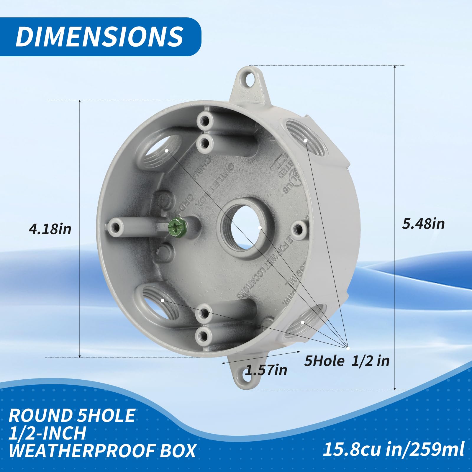 XGGYA Round Weatherproof Electrical Box,5 Hole 1/2-Inch Surface Mount Outlet Box,Aluminum Construction Gray Round Electrical Outlet Box,CUL Listed,Used in Branch Circuit Wiring(1 Pack)