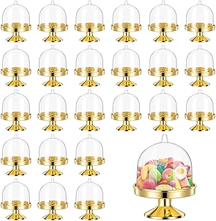 24Pcs Mini Cupcake Stand with Cover Plastic Mini Cake Stand with Lid Dome Single Cupcake Stands Chocolate Candy Containers Dessert Display Plate with Dome Cover for Birthday Wedding Holiday Baby Shower Tea Party Supplies (Gold)