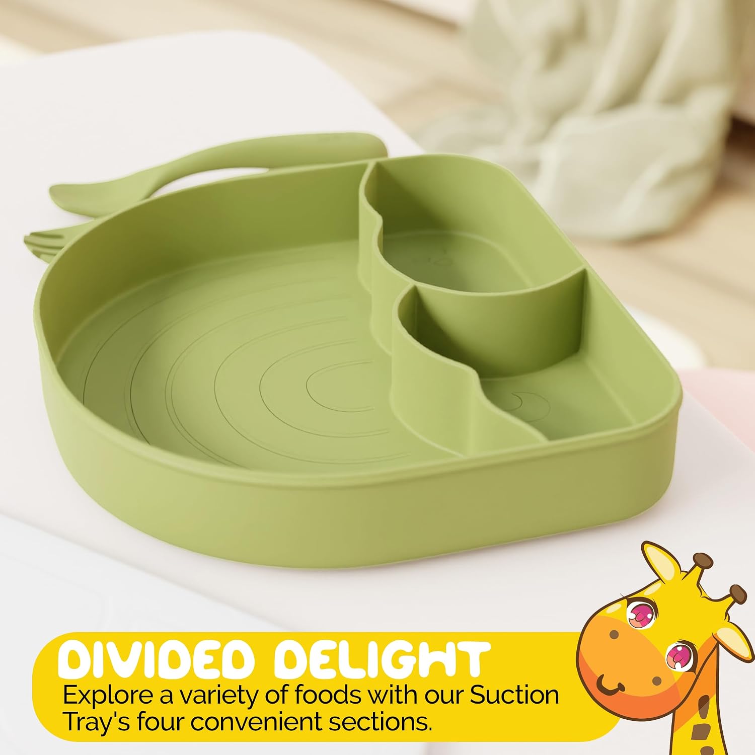 Baby Plates with Suction in an Silicone Baby Feeding Set with Suction Silicone Tray in Green color with Suction Plates for Toddlers and toddler utensils - (3 Piece Set)