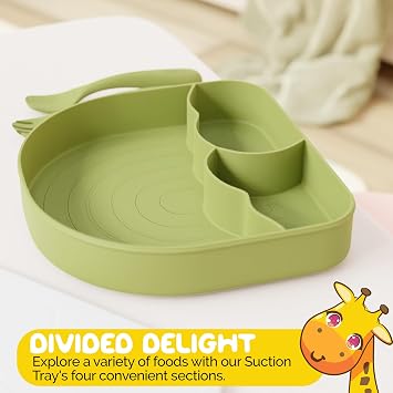 Baby Plates with Suction in an Silicone Baby Feeding Set with Suction Silicone Tray in Green color with Suction Plates for Toddlers and toddler utensils - (3 Piece Set)
