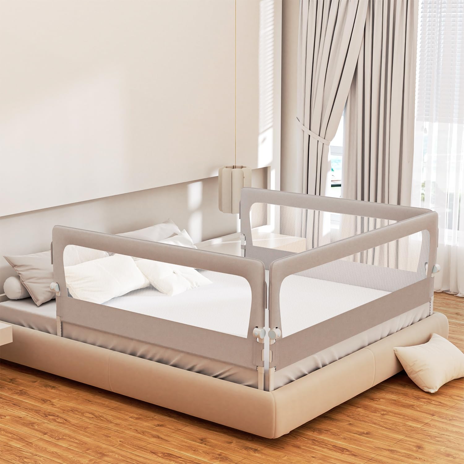 Eulenke 2x180cm und 1x150cm Bettgitter Rausfallschutz Klappbar, 72-86 cm höhenverstellbar Rausfallschutz Kinderbett, zusammenklappbar um 180 Grad, inkl. extra Gurt zur Befestigung, Grau