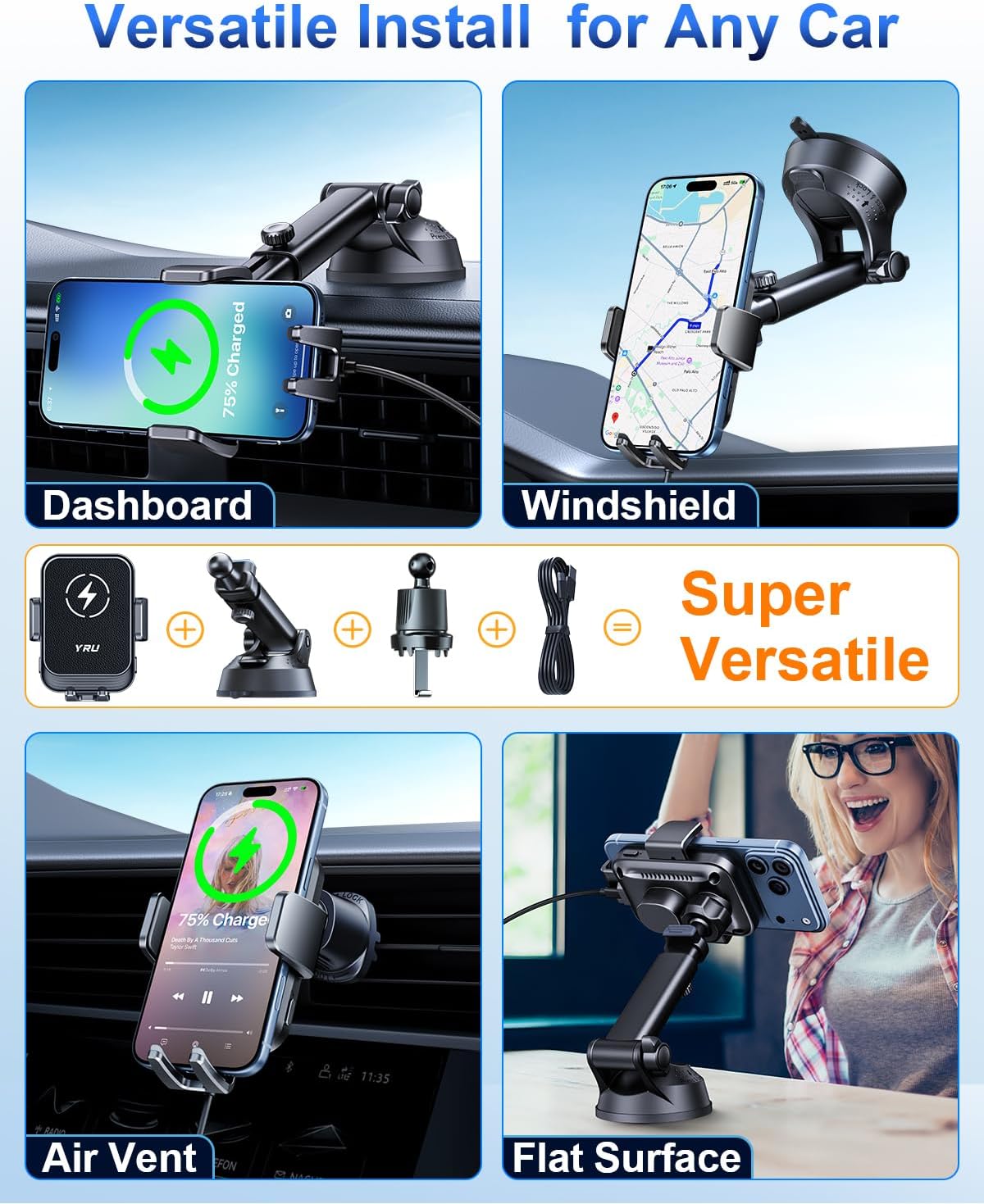 YRU [True Military-Grade] Wireless Car Charger Mount, 15W Charging Auto Clamping Car Phone Holder [98+LBS Strong] Dashboard Windshield Vent Cellphone Holder for iPhone 17 16 15 Pro Max Samsung, Black