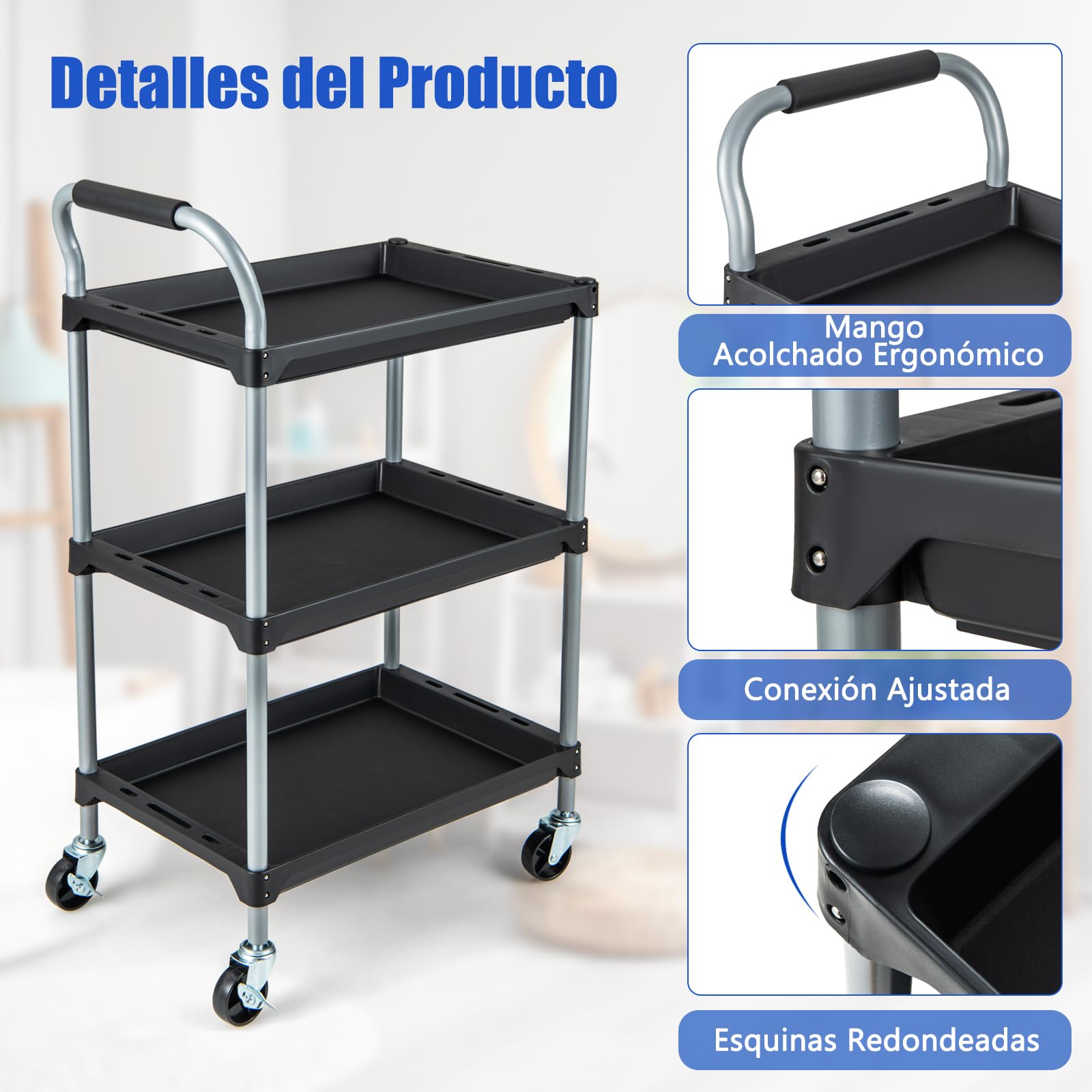 COSTWAY Carro de Herramientas de 3 Niveles, Carro de Taller de Metal con 4 Ruedas Universales y Mango de Esponja, Carrito de Herramientas Multiusos para Garaje Mecánico Hogar (64 x 40 x 102 cm)