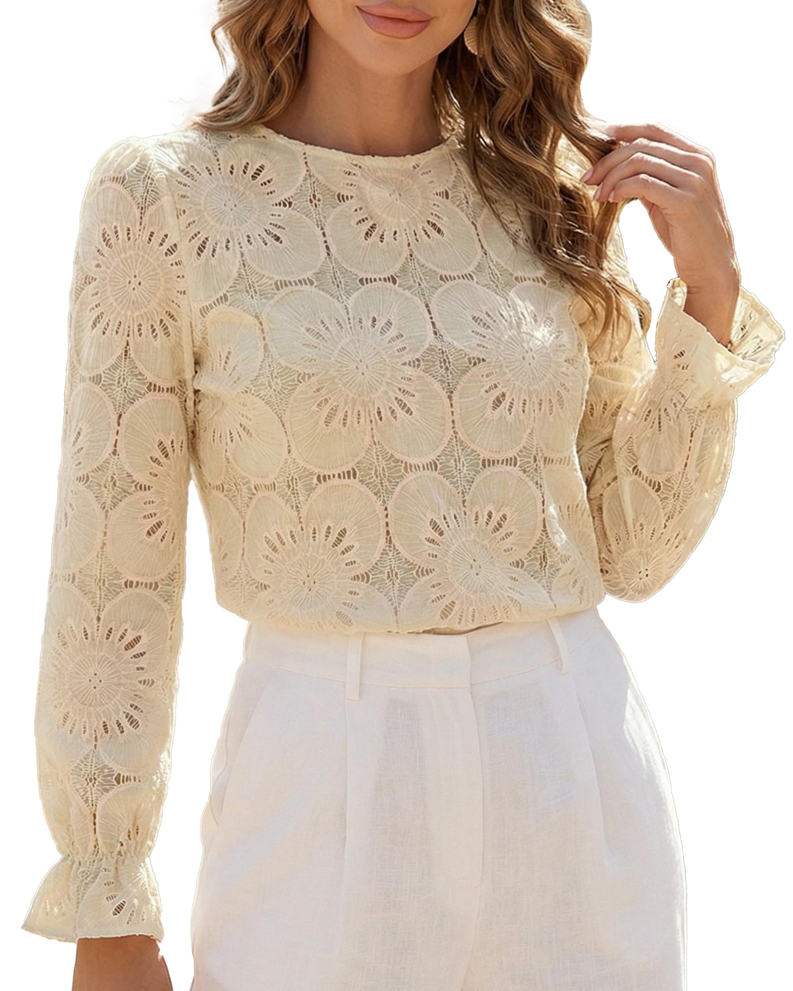 Women's Eyelet Long Sleeve Tops Shirts Dressy Hollow Out Crochet Lace Embroidered Blouses 2026 Fashion