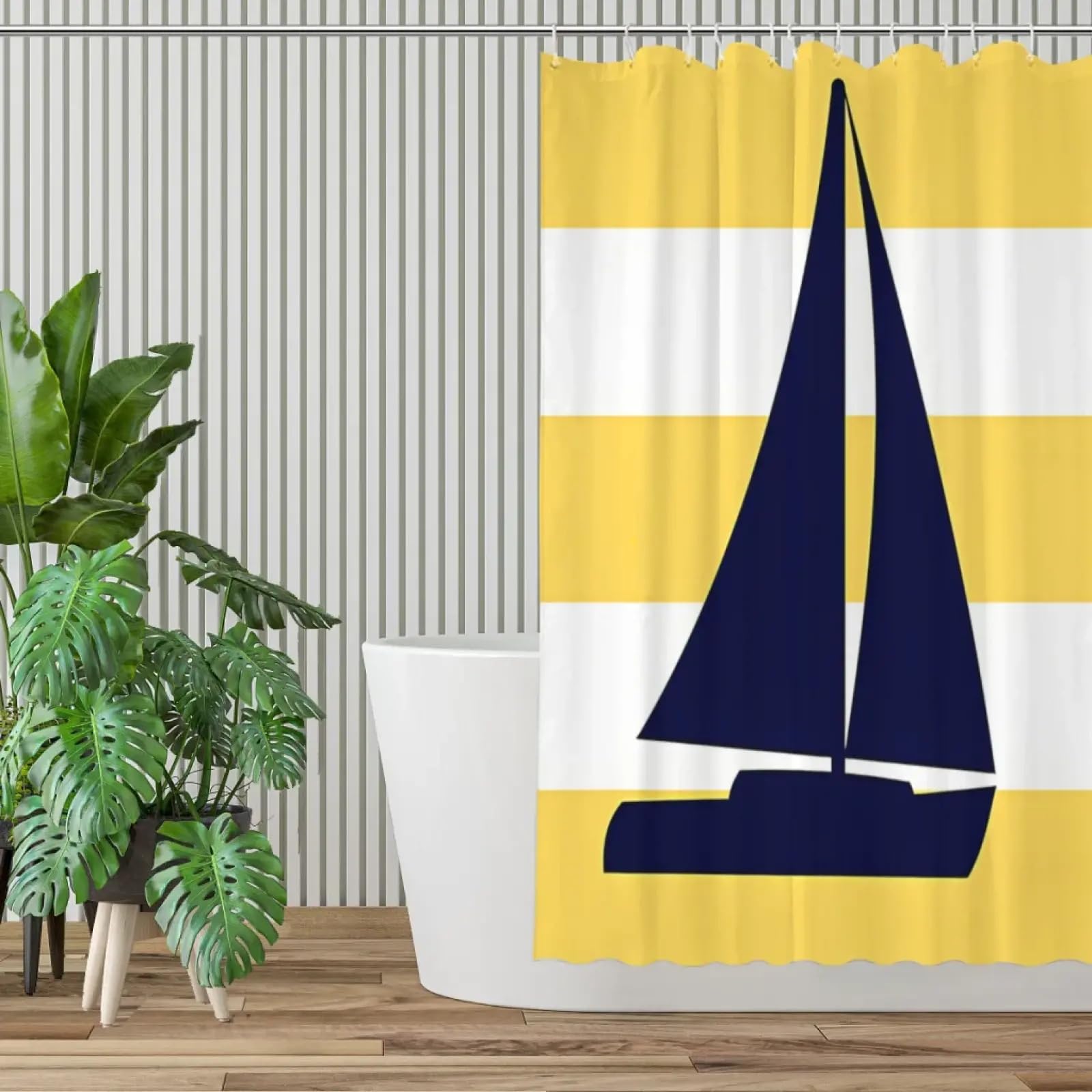 Voilier Marine Nautique sur Rayures Jaune Moutarde Rideaux de Douche de Salle de Bain Tissu imperméable Lavable en Machine avec Crochets 200x243cm (79x96in)