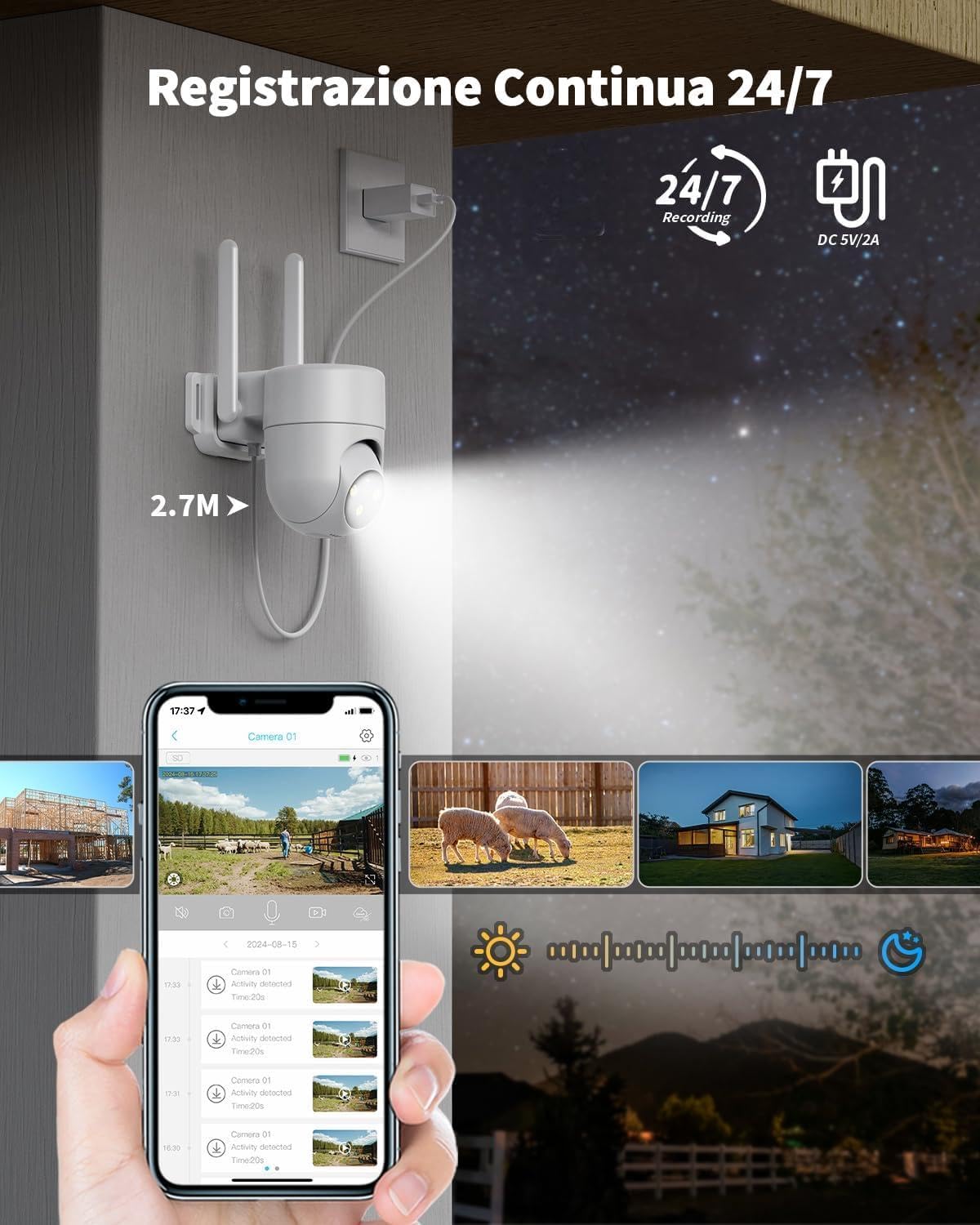 4G LTE Telecamera 24/7 Continua Registrazione con Sim Esterno, 2K Videocamera Sorveglianza PTZ 360°, con AI Rilevamento Umano e Visione Notturna a Colori, Audio Bidirezionale