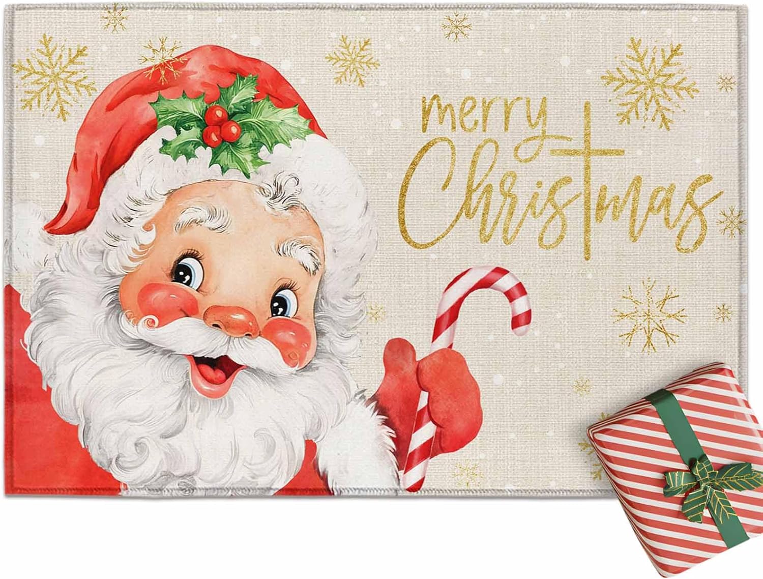 Red Santa Claus Front Door Mat Indoor Entrance, Merry Christmas Non Slip Doormat Absorbent Resist Dirt Floor Mats Washable Low Profile Winter Snowflake Linen Inside Rugs for Entryway, 20''x31.5''