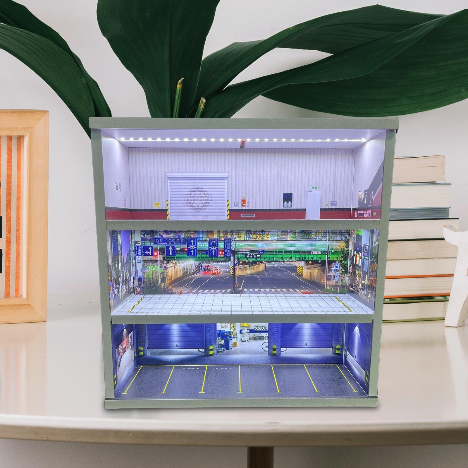 Vitrine für Modellautos, Dioramen, Garagendekorationen, Mikrolandschaften, Acryl mit Beleuchtung, Geeignet für Sammler, Style D