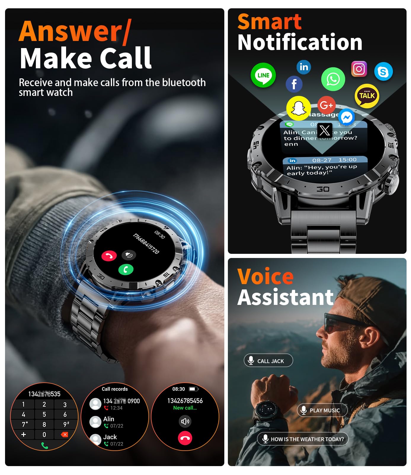 EF18 Montre intelligente militaire pour homme, grande batterie de 1000 mAh, montre intelligente HD de 4,85 cm avec lampe de poche LED/sommeil/plus de 100 sports, étanche IP68 pour Android iOS