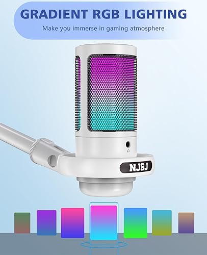Miniatura 3 de NJSJ Micrófono USB para PC, micrófono de juegos para PS4PS5Macteléfono, micrófono de condensador con silencio táctil, iluminación RGB brillante,