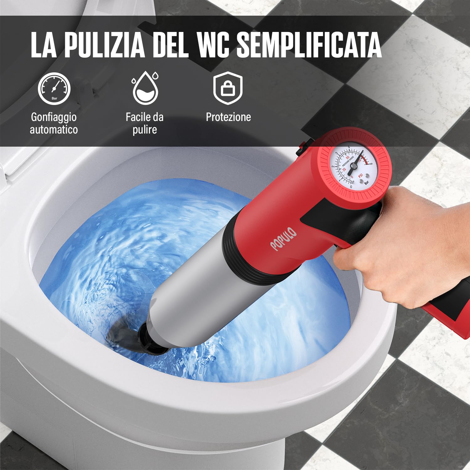 POPULO Stantuffo elettrico per WC Swift, ad alta pressione, per bagno, pavimenti, doccia, resistente, versatile, per la rimozione degli intasamenti del WC domestico