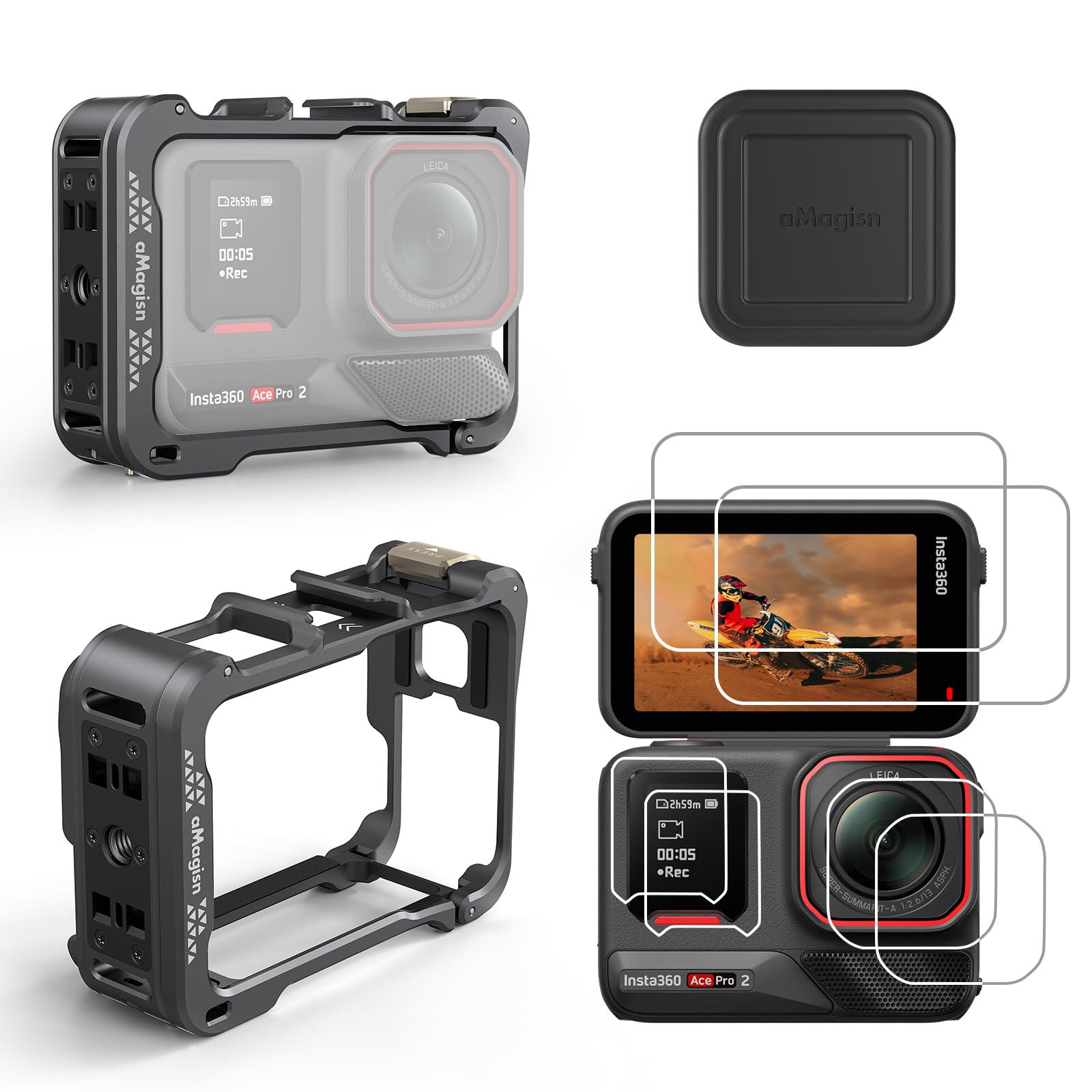 Ace Pro 2 Aluminum Metal Frame Cage Case Bag with Silicone Lens Cap Screen Protector Compatible with Insta360 Ace Pro 2 Camera Accessories Kit (Model Bundling 6)