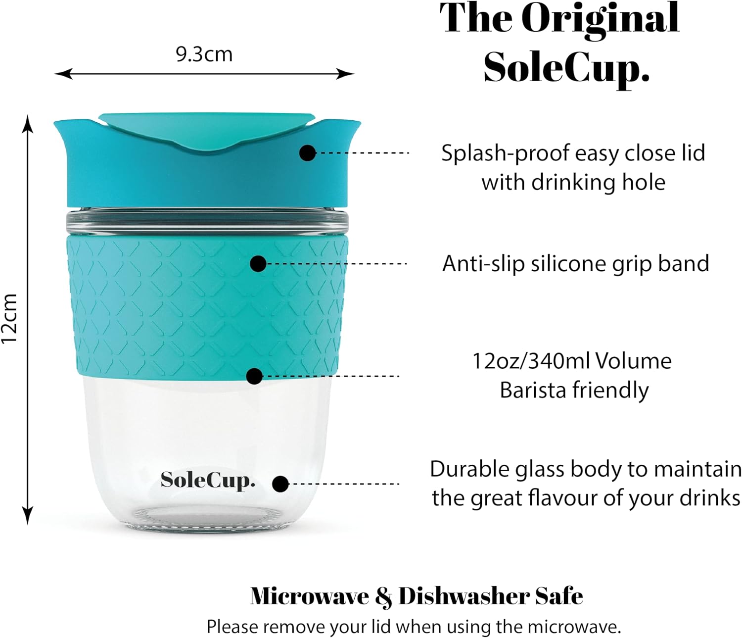 Reusable Strengthened Glass Travel Cup - Spill Proof Insulated Coffee Mug - 12oz/340ml BPA-Free Hot Drink Travel Mug with Lid & Silicone Band (Blue, 12oz) - Image 2