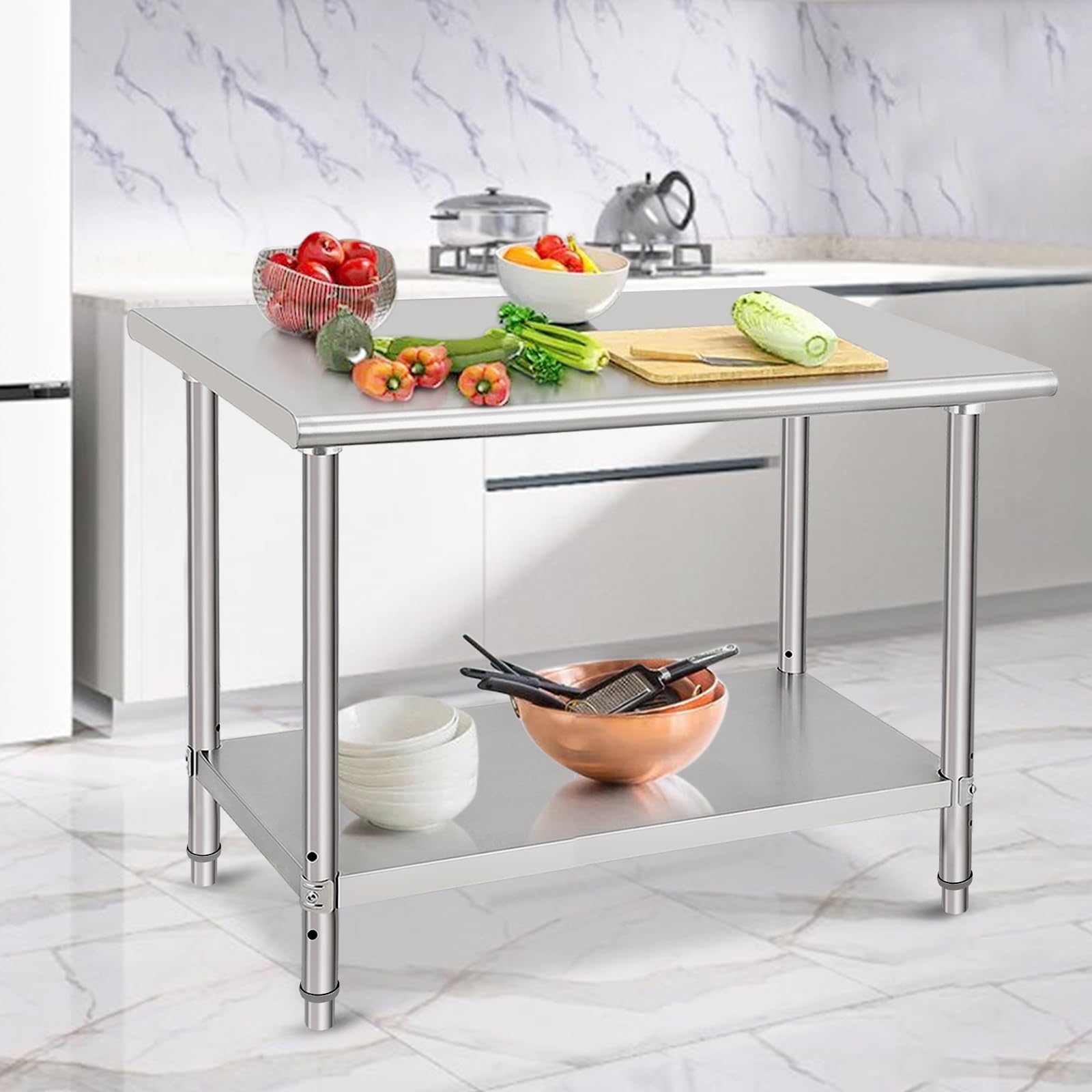 Mesa de preparación de catering de acero inoxidable resistente, estante inferior ajustable y ruedas, 48 x 30 x 35 pulgadas, ideal para restaurantes, catering, talleres y cocinas domésticas
