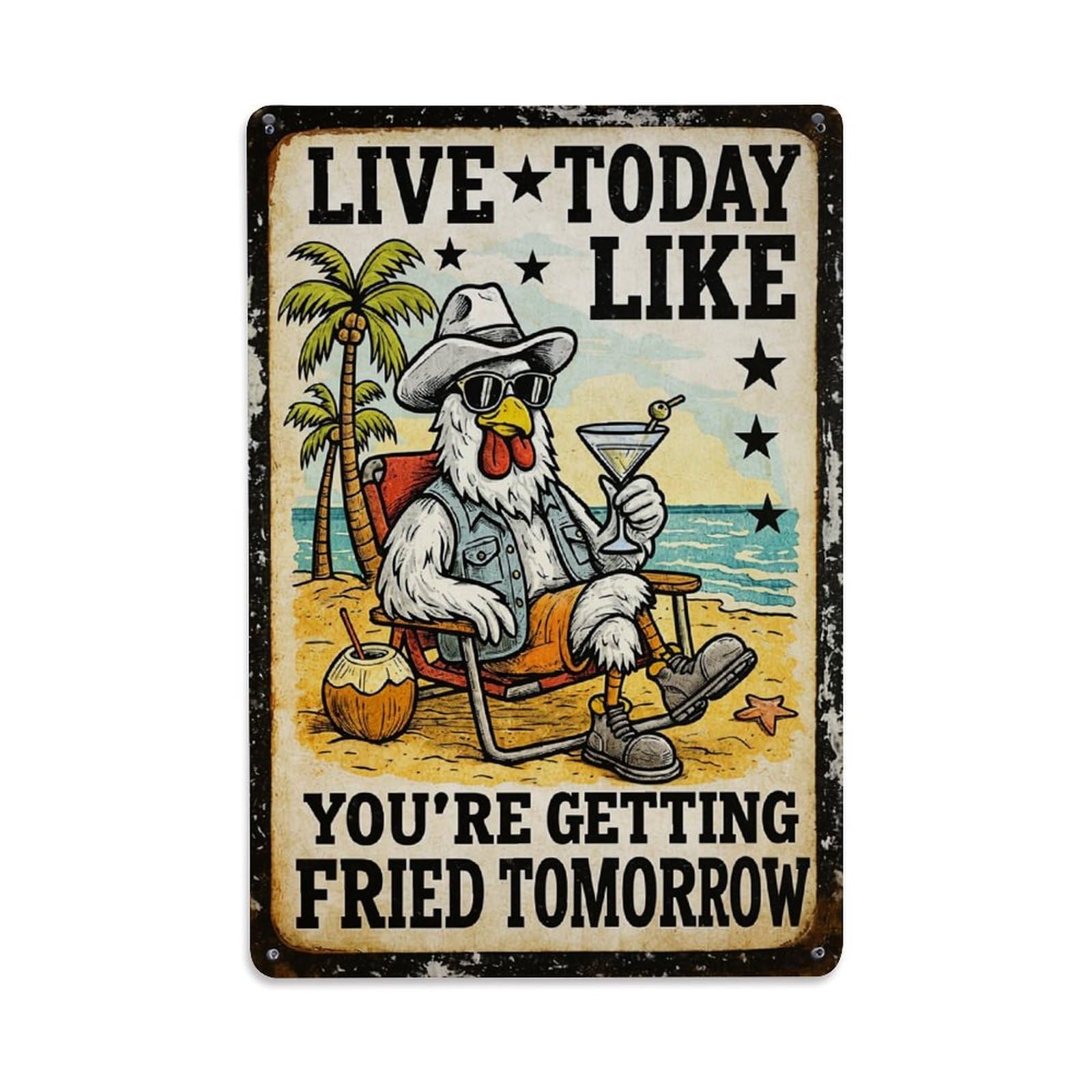 Jdfenggu Vintage Chicken Relaxing On Beach Retro Metal Tin Sign, Metal Poster For Bar, Home, Man Cave, Kitchen, Laundry Room Art Decor 8X12 Inch