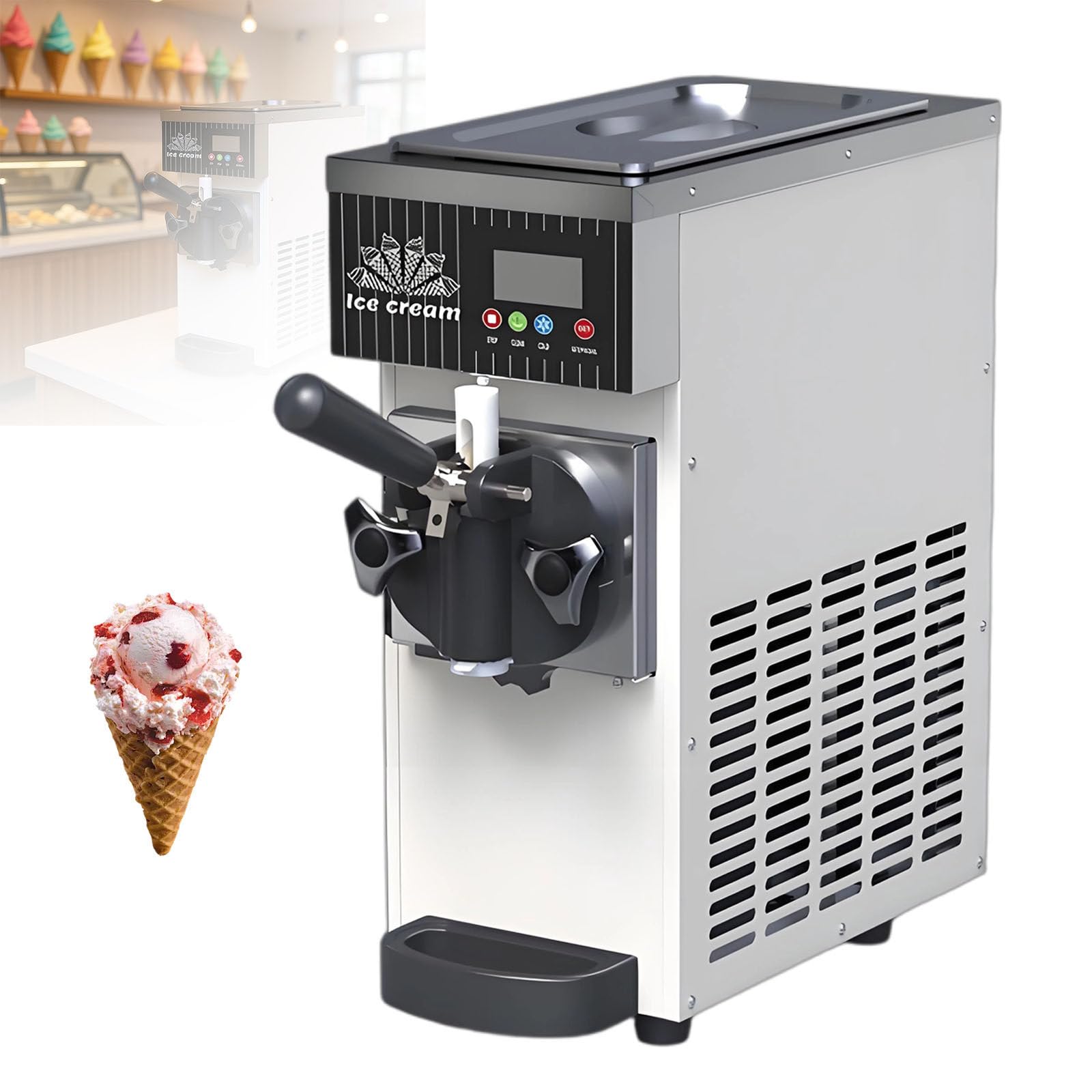 DzkZen Commercial Vertical Soft Serve Ice Cream Maker, 450W Countertop Machine, Produces 4-5kg/H, Ideal for Restaurants and Snack Bars White