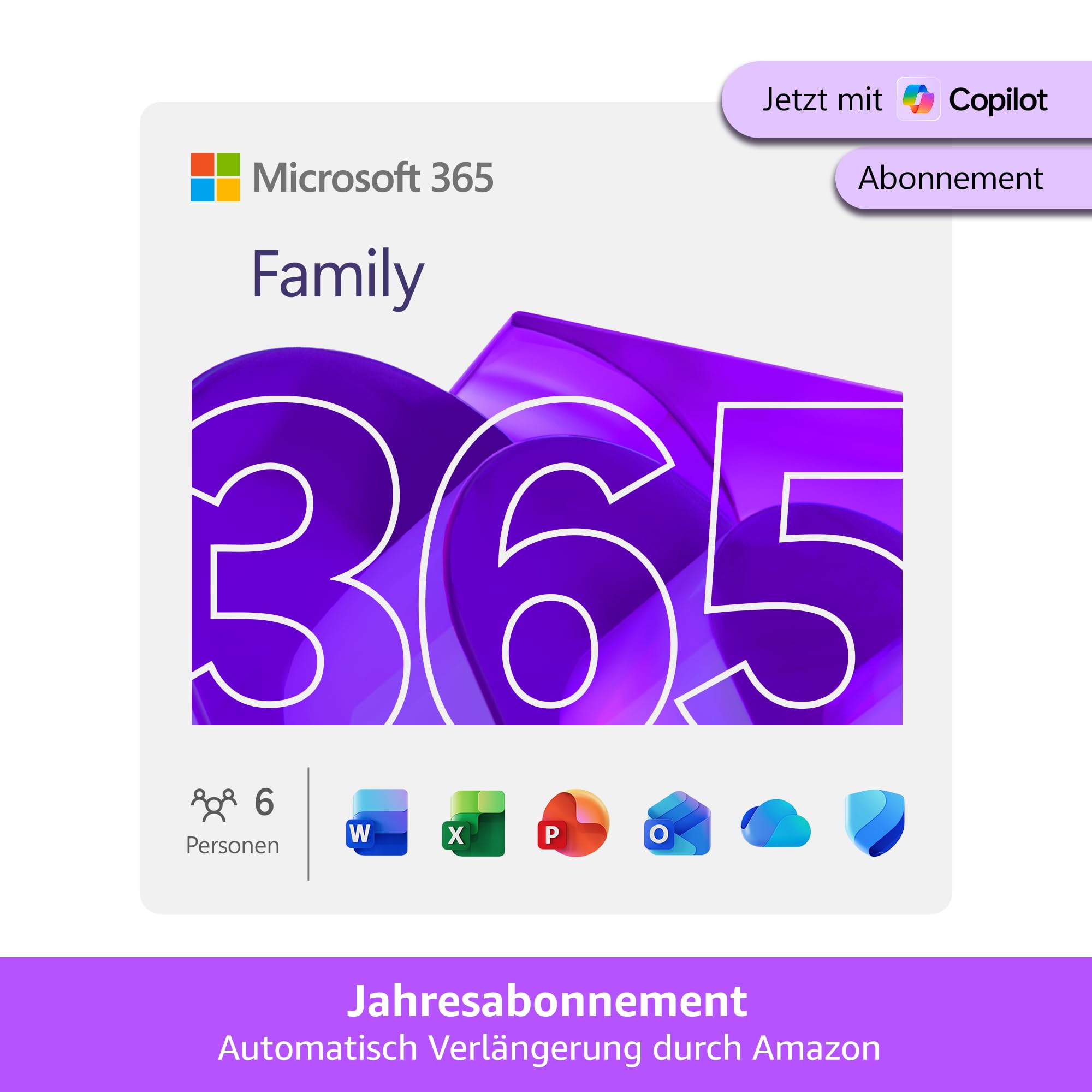 Microsoft 365 Family | 1 Jahr | bis zu 6 Personen | Office Apps mit KI | bis zu 6 TB Cloudspeicher | Amazon Abonnement mit automatischer Verlängerung