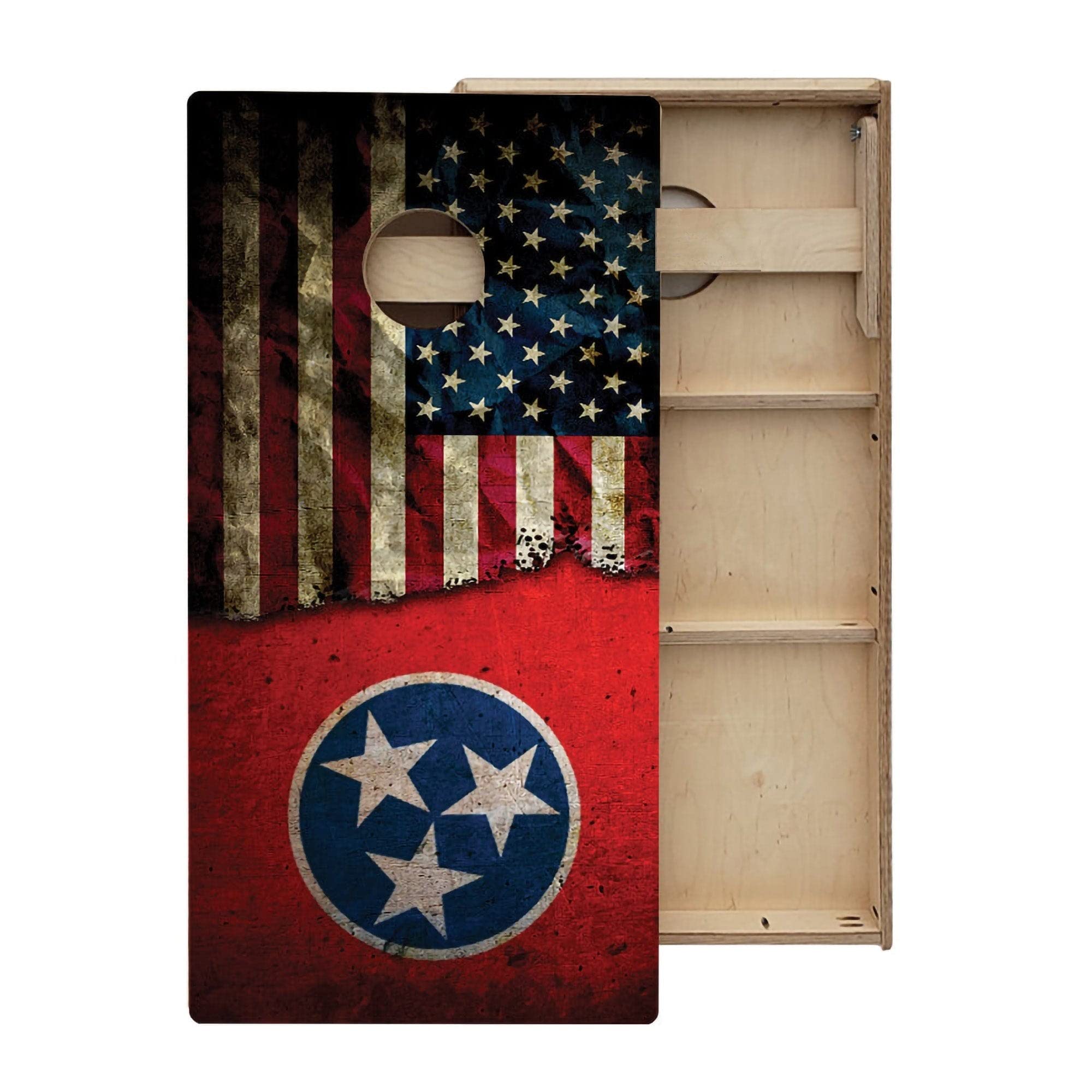 Skip's Garage Red TN & USA Split Flag Cornhole Boards - Includes (2) Boards (Resin Bags) + (2) Hole Lights & (2) Edge Lights