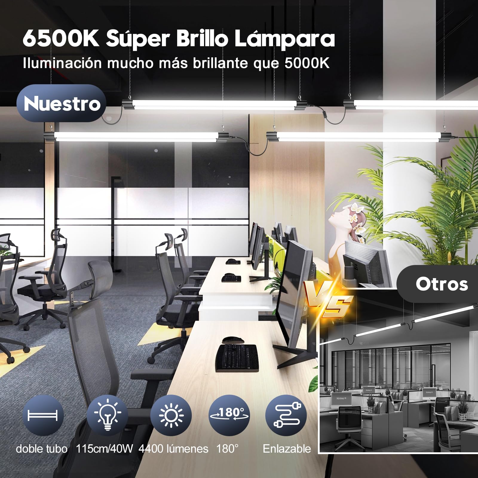 Sararoom Tubos Neón Fluorescentes LED 115cm, T8 40W 4400LM Lampara LED Techo, Blanco Frio 6500K Pantalla Tubo Integrado, IP20 Plafon Barra Led para Garaje Oficina Sótano Taller Cocina Almacén, 6Pcs