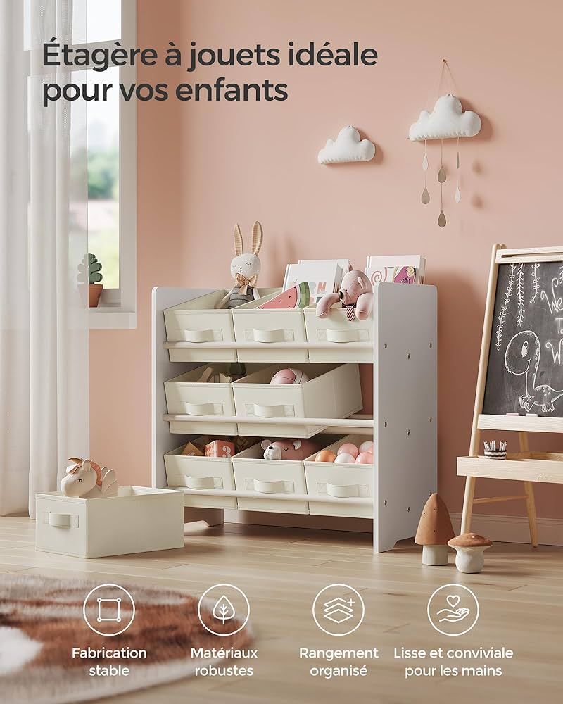 Étagère à Jouets 3 Compartiments Avec Coffre à Roulettes - Rangement Enfant Blanc, SONGMICS